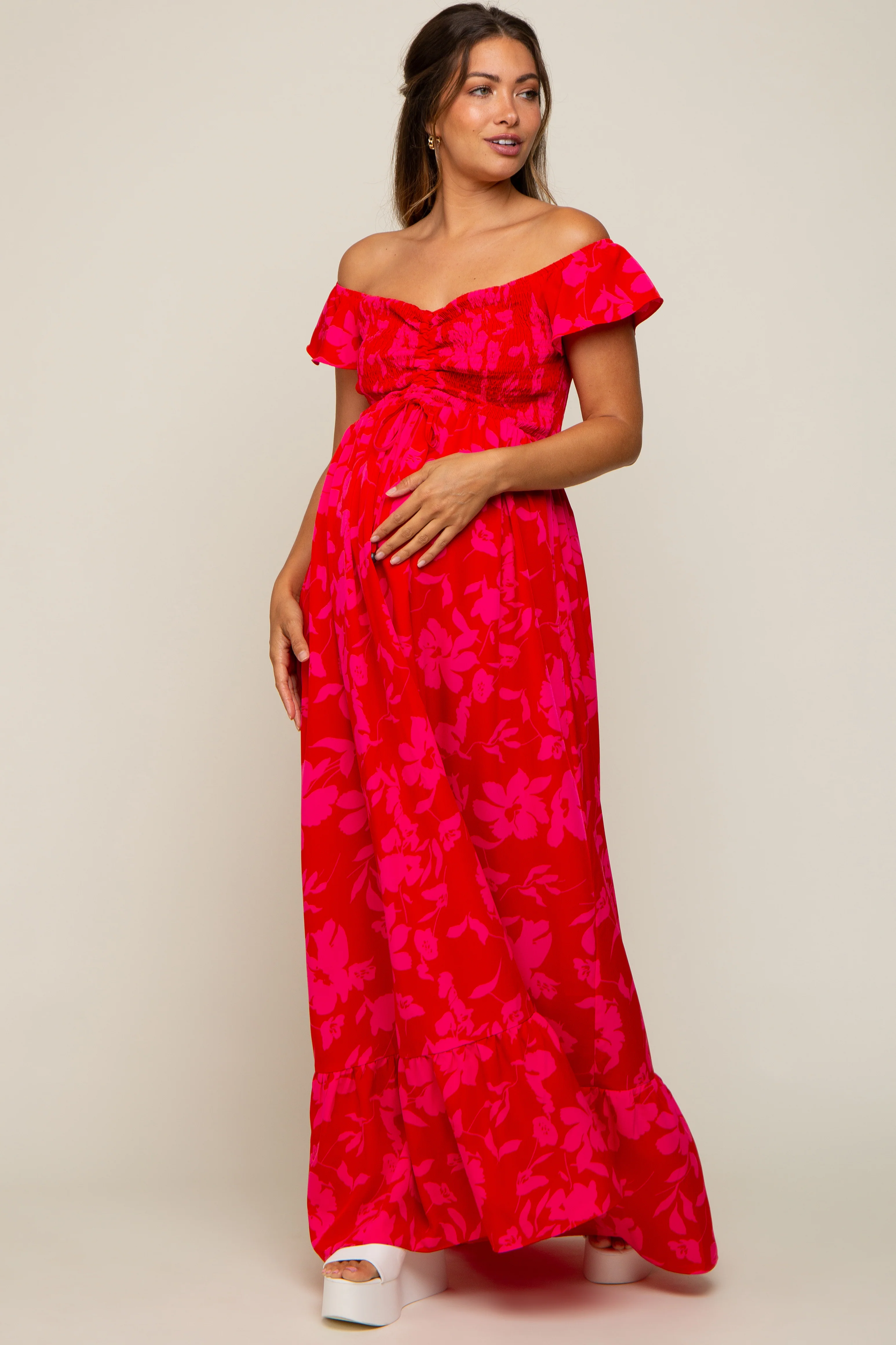 Red Floral Smocked Cinched Top Maternity Maxi Dress - Image 5