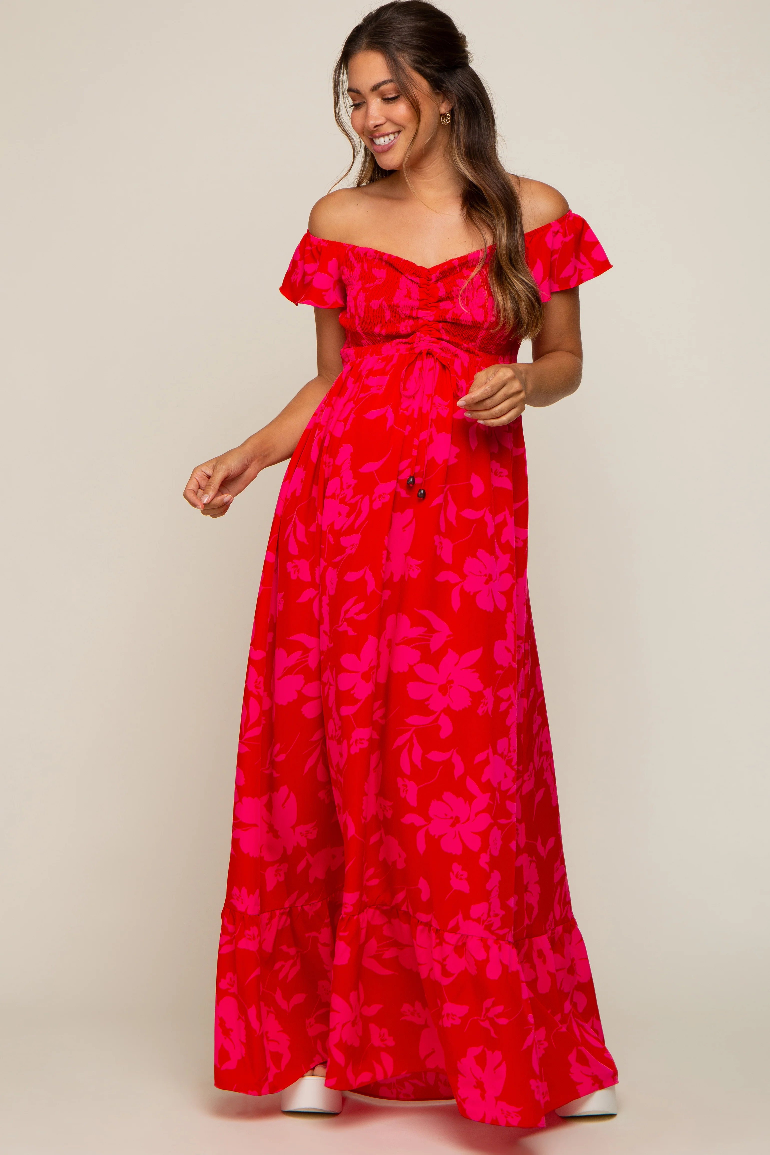 Red Floral Smocked Cinched Top Maternity Maxi Dress - Image 6