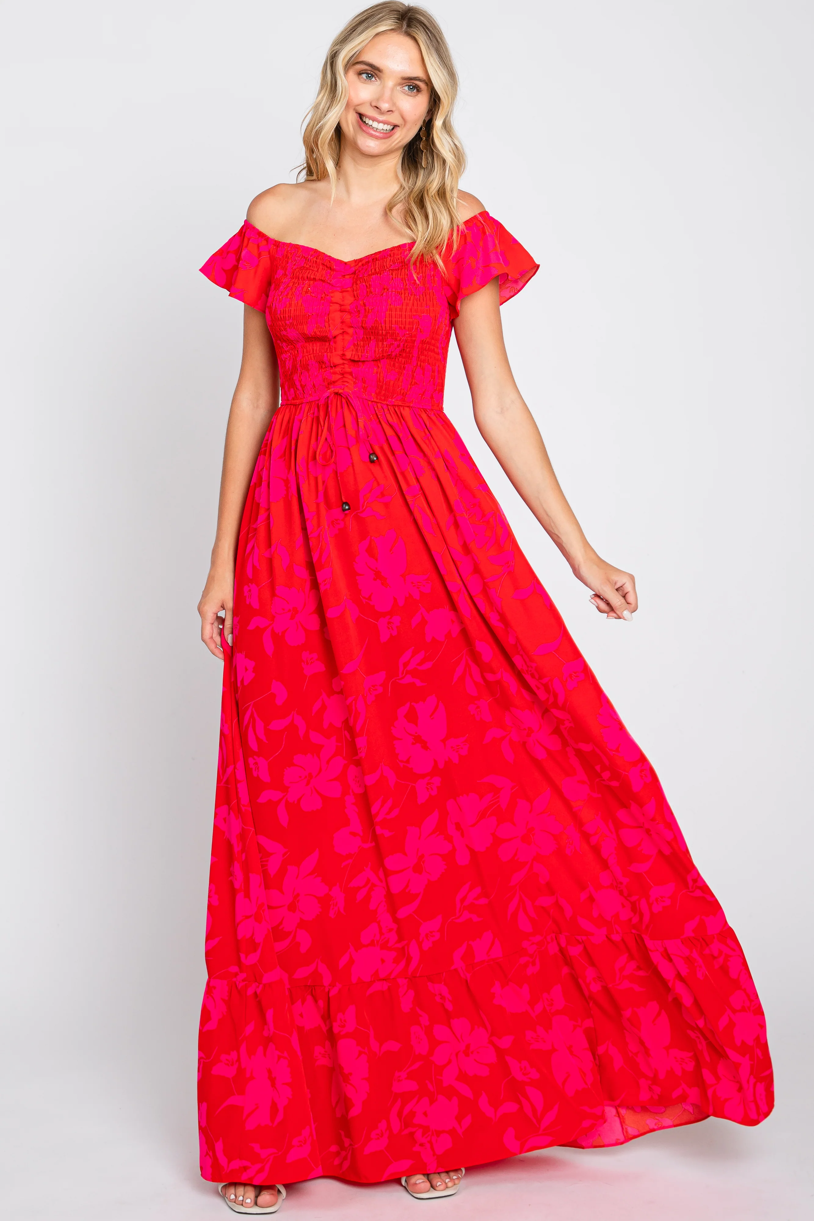 Red Floral Smocked Cinched Top Maternity Maxi Dress - Image 7