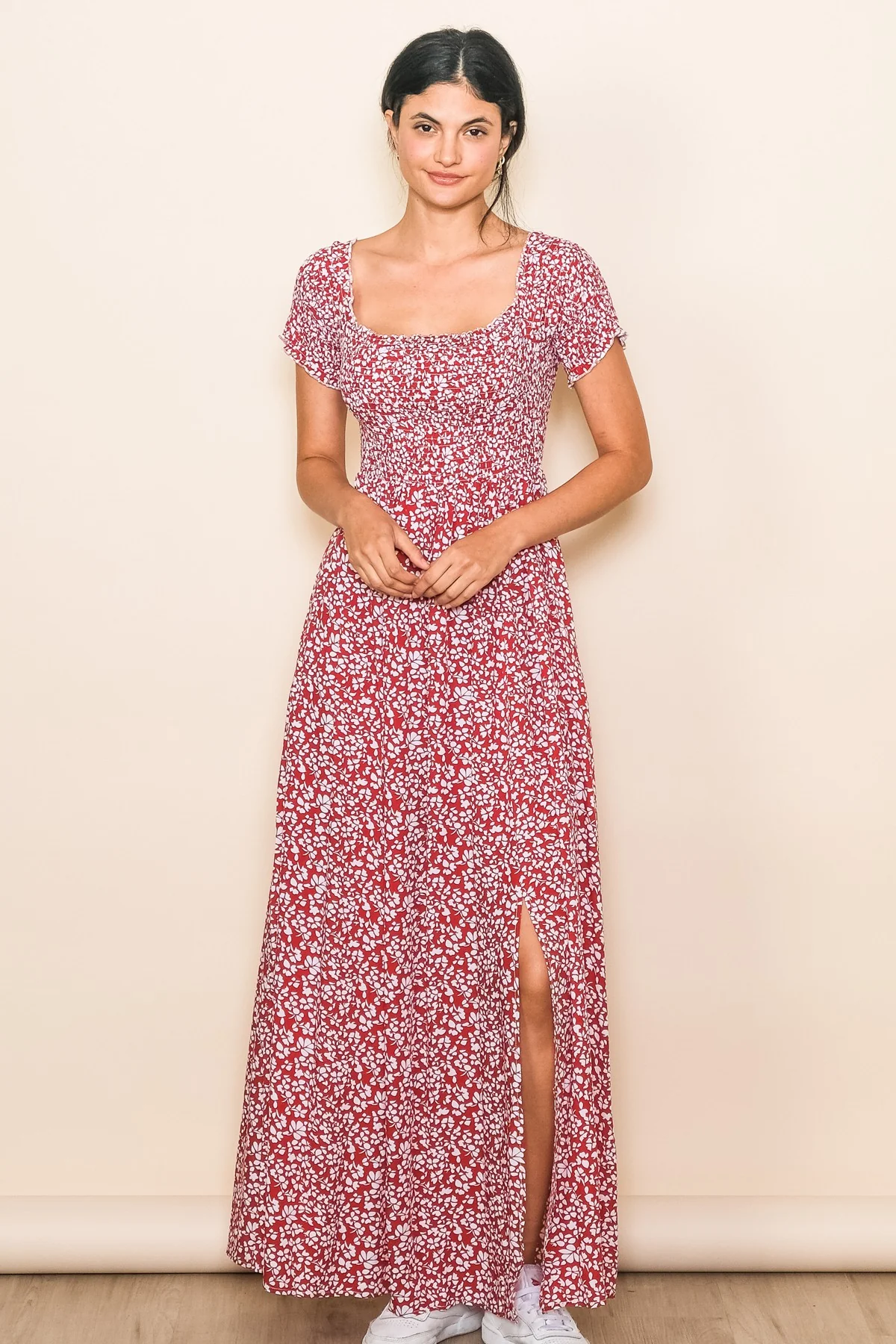 Red Floral Smocked Fitted Sleeve Side Slit Maternity Maxi Dress - Image 5