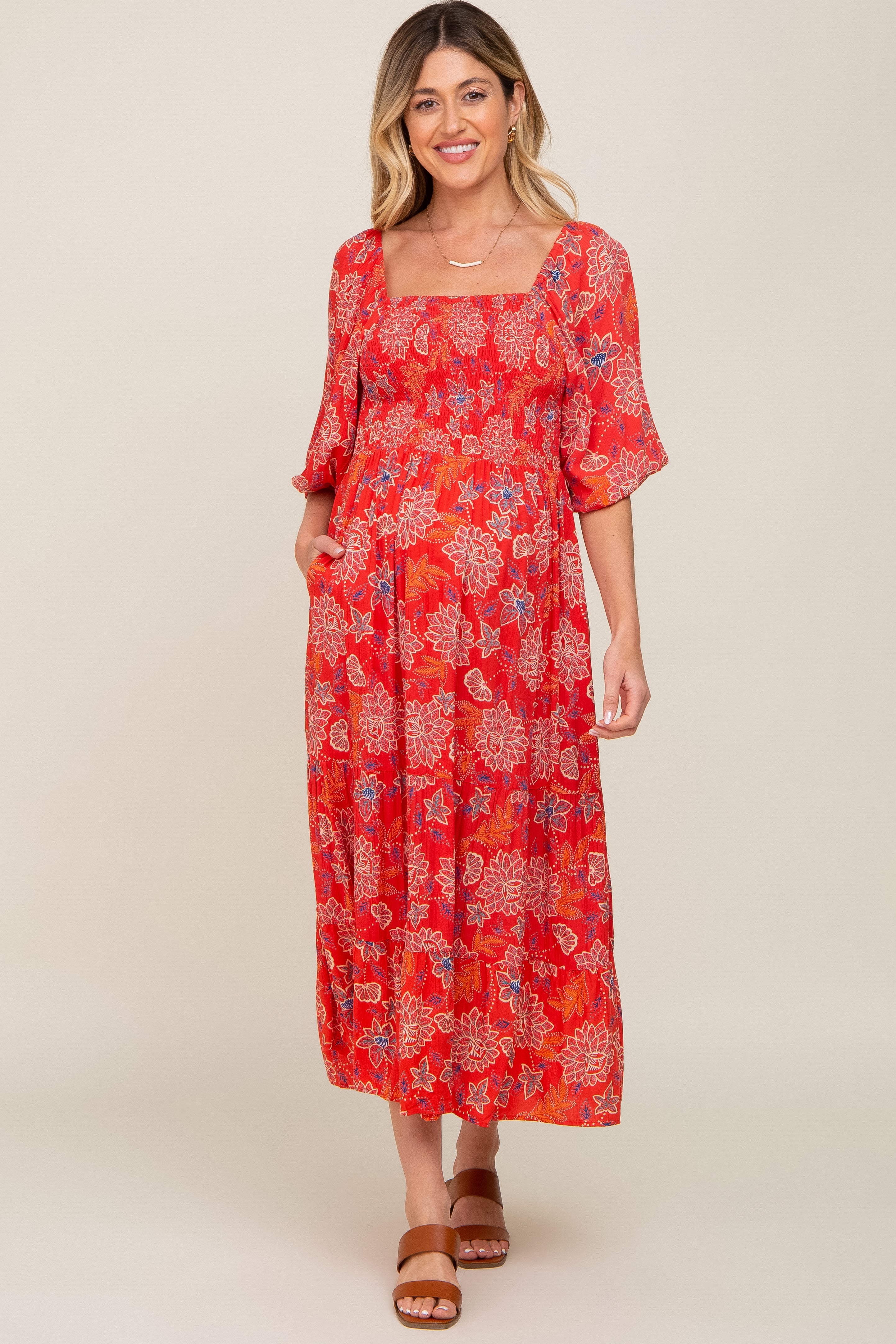 Red Floral Smocked Square Neck Tiered Maternity Midi Dress - Image 4