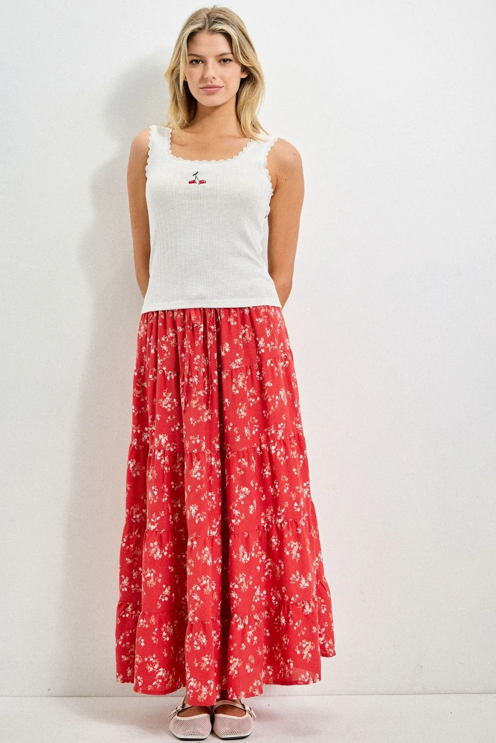 Red Floral Tiered Maternity Maxi Skirt - Image 5