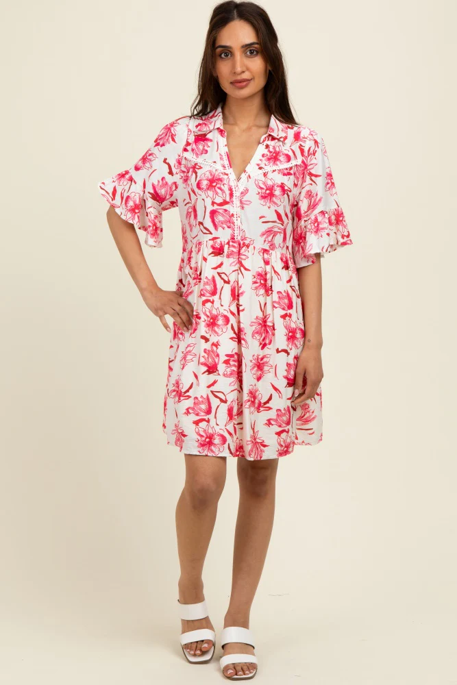 Red Floral V-Neck Crochet Trim Maternity Dress - Image 3