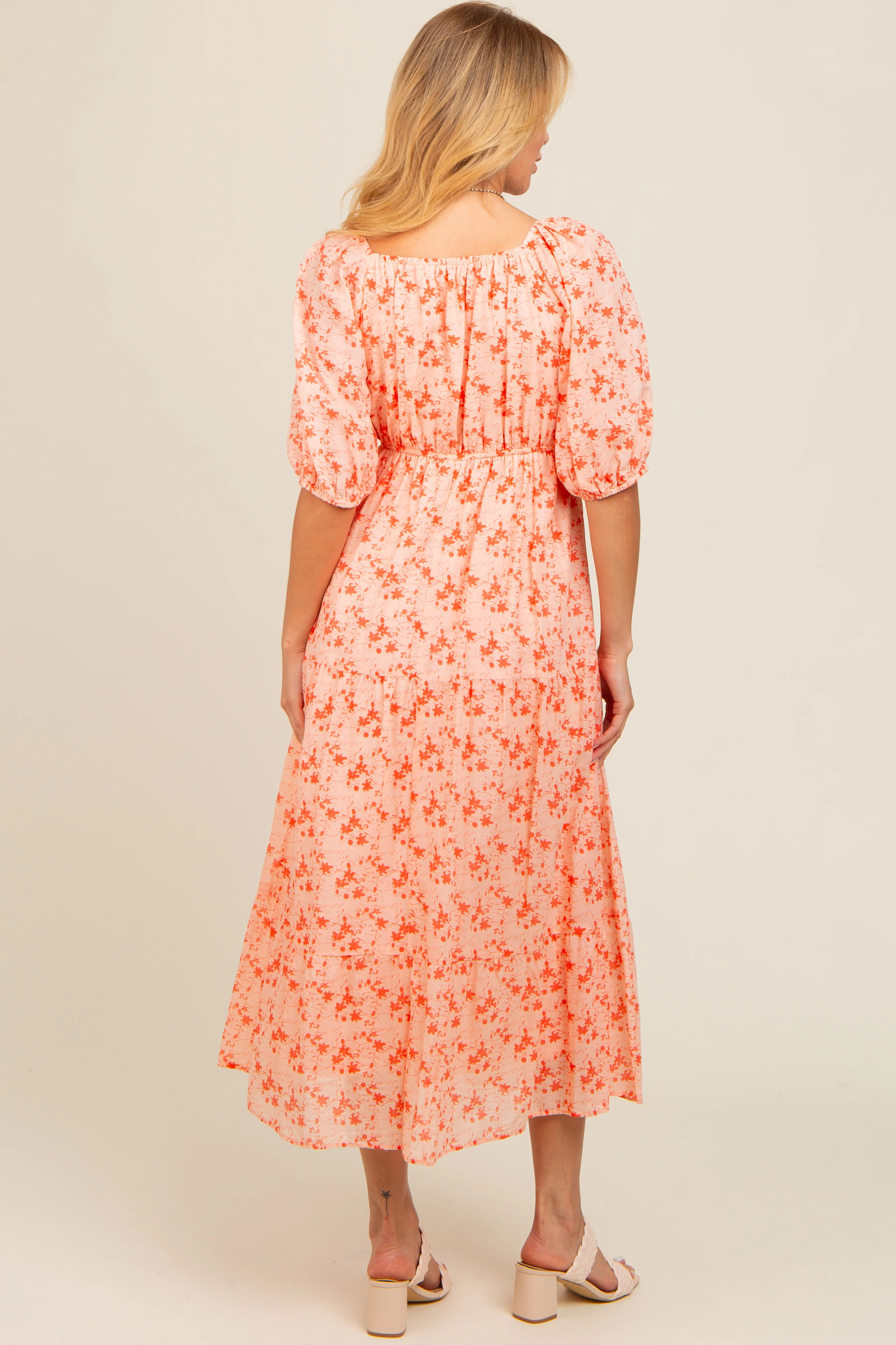 Red Floral V-Neck Tiered Midi Dress - Image 4