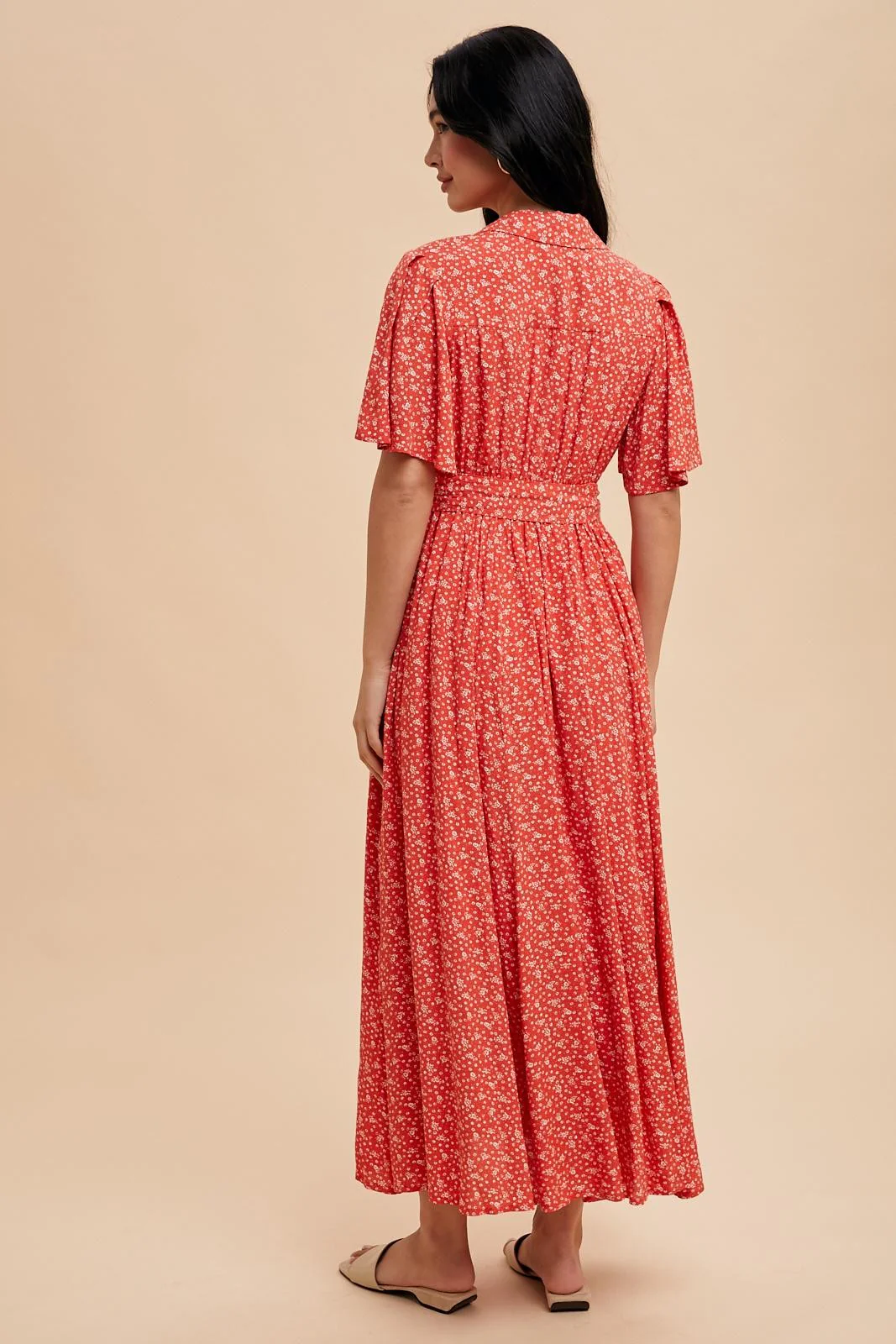Red Flutter Sleeve Button Down Maxi Dress - Image 3