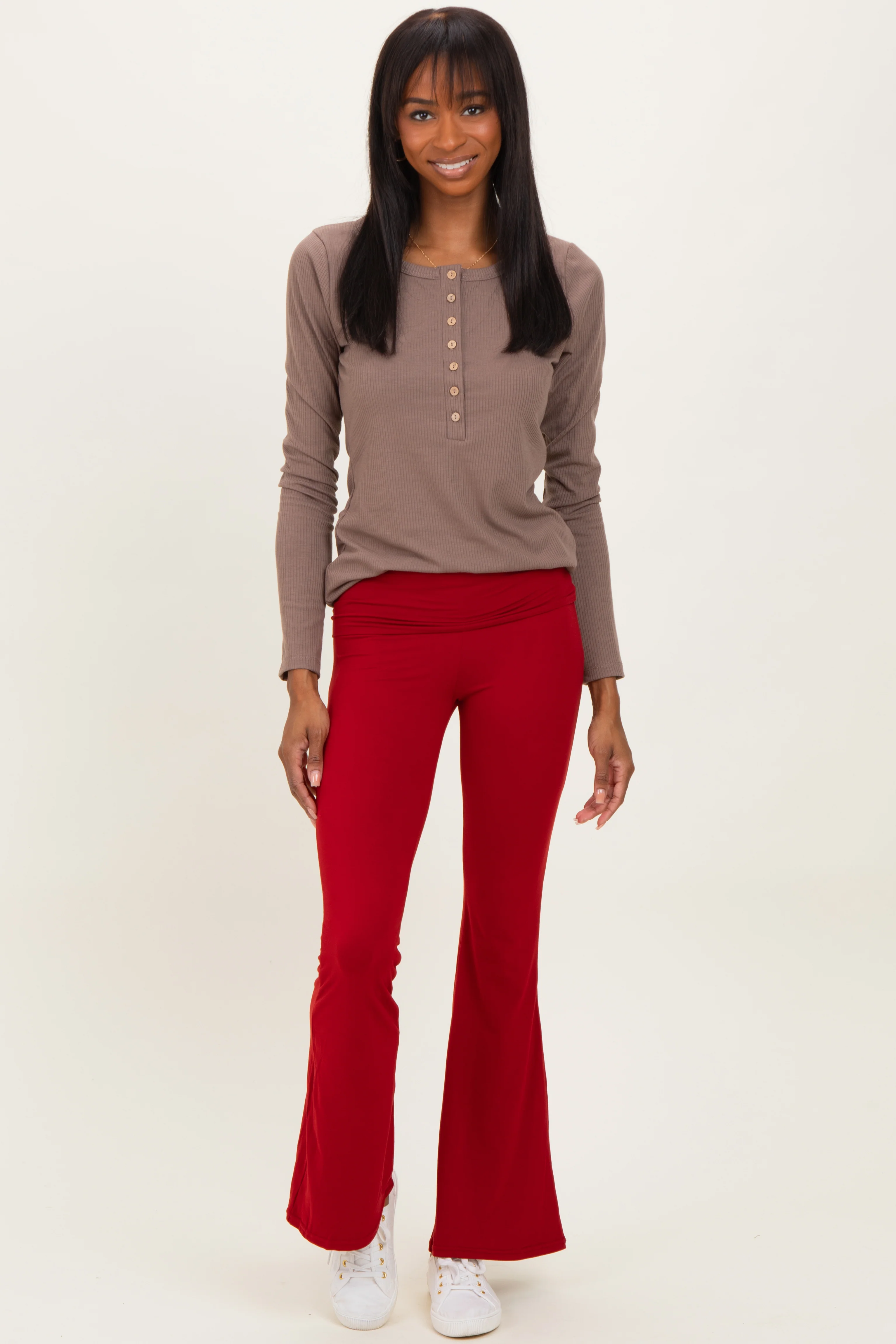 Red Fold Over Waistband Flared Pants - Image 2