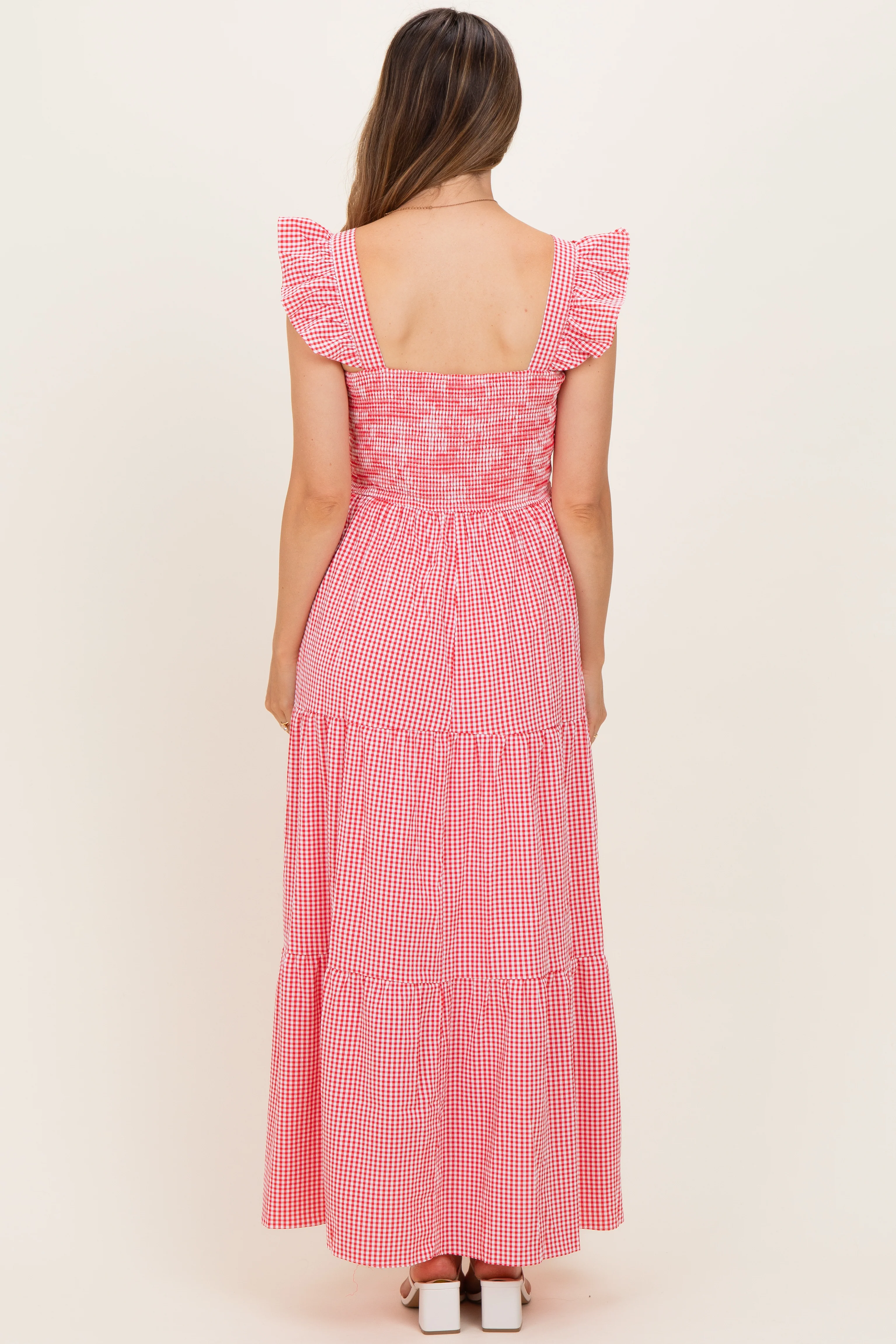 Red Gingham Ruffle Strap Smocked Maternity Maxi Dress - Image 3