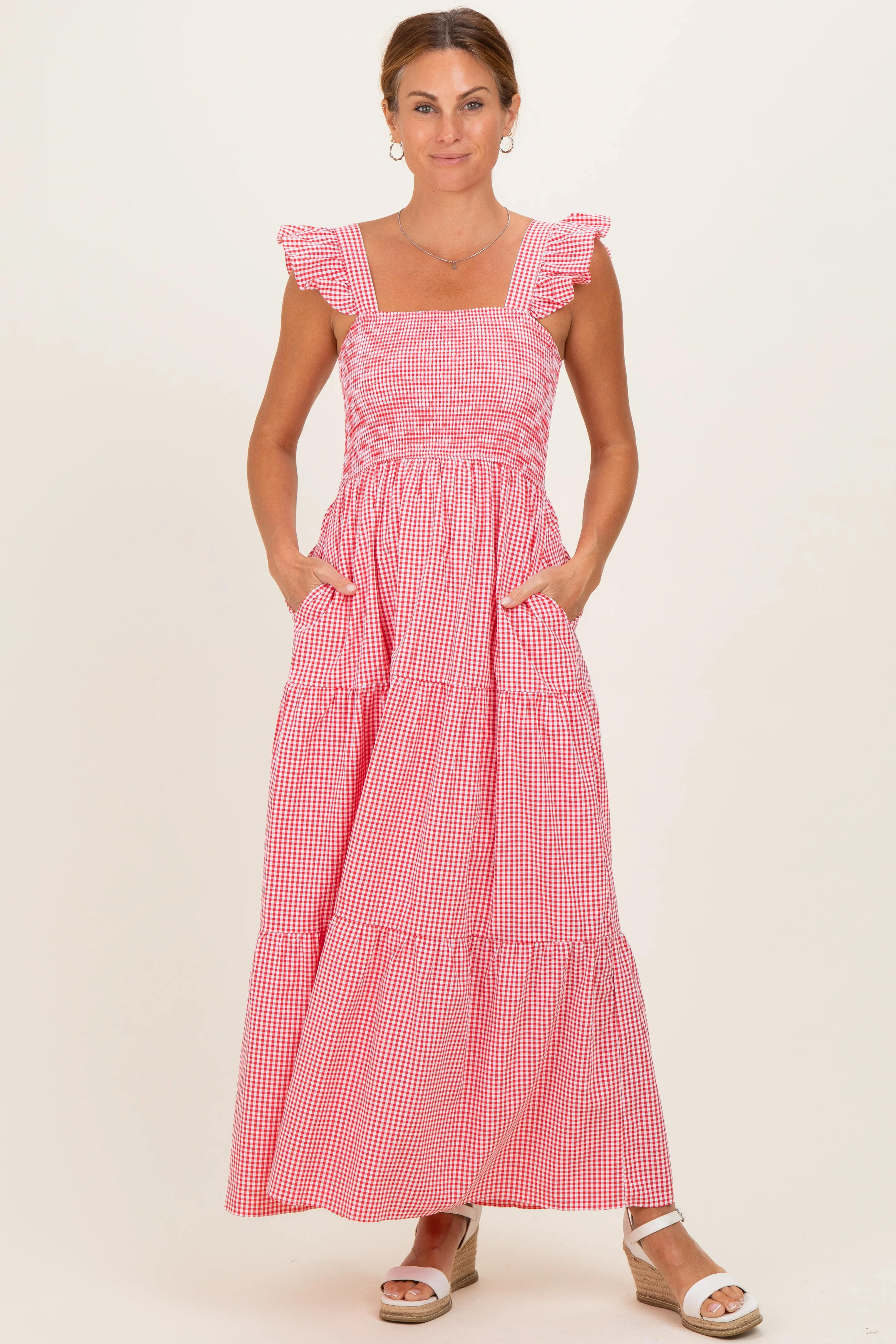 Red Gingham Ruffle Strap Smocked Maternity Maxi Dress - Image 4