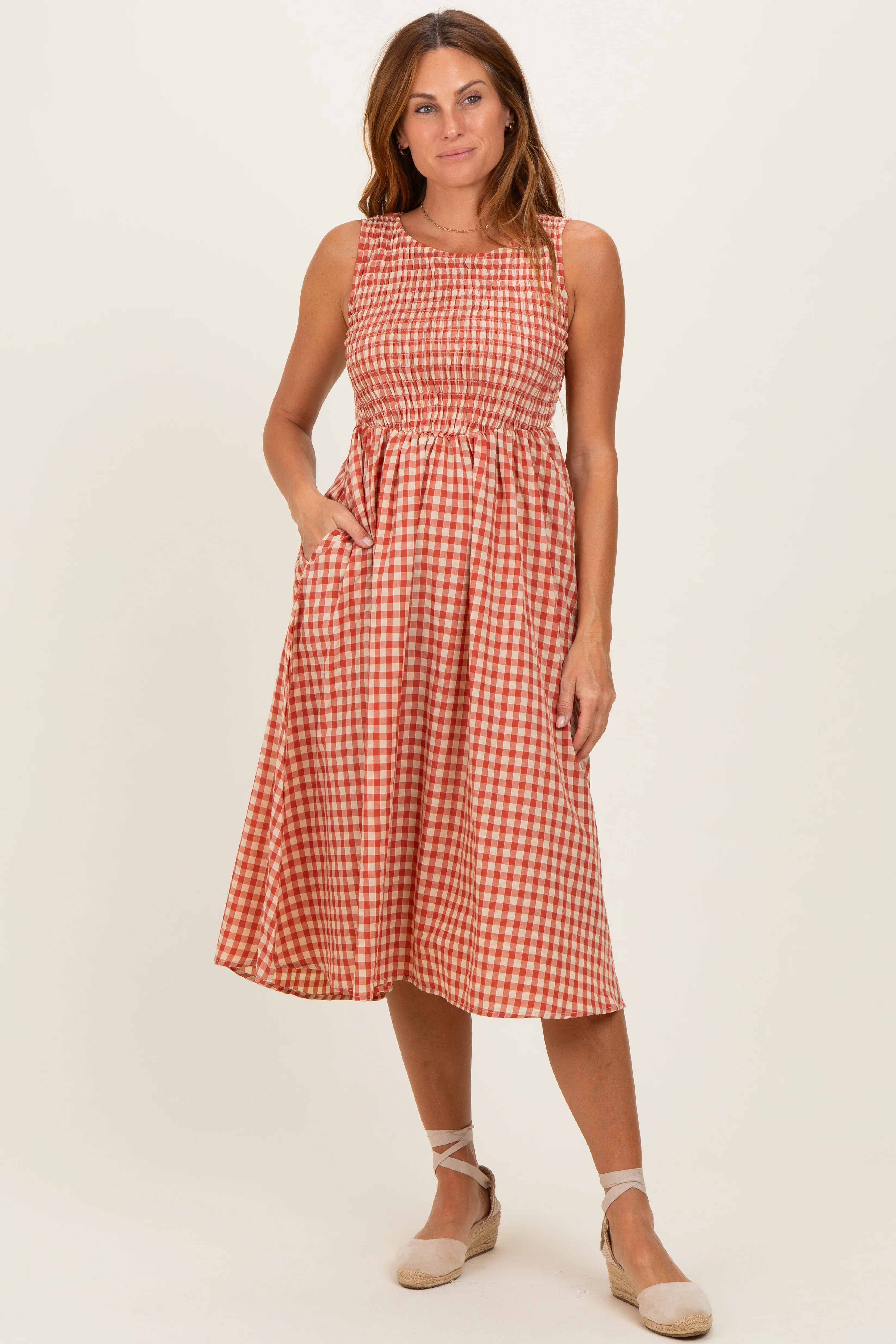 Red Gingham Smocked Sleeveless Maternity Midi Dress - Image 4