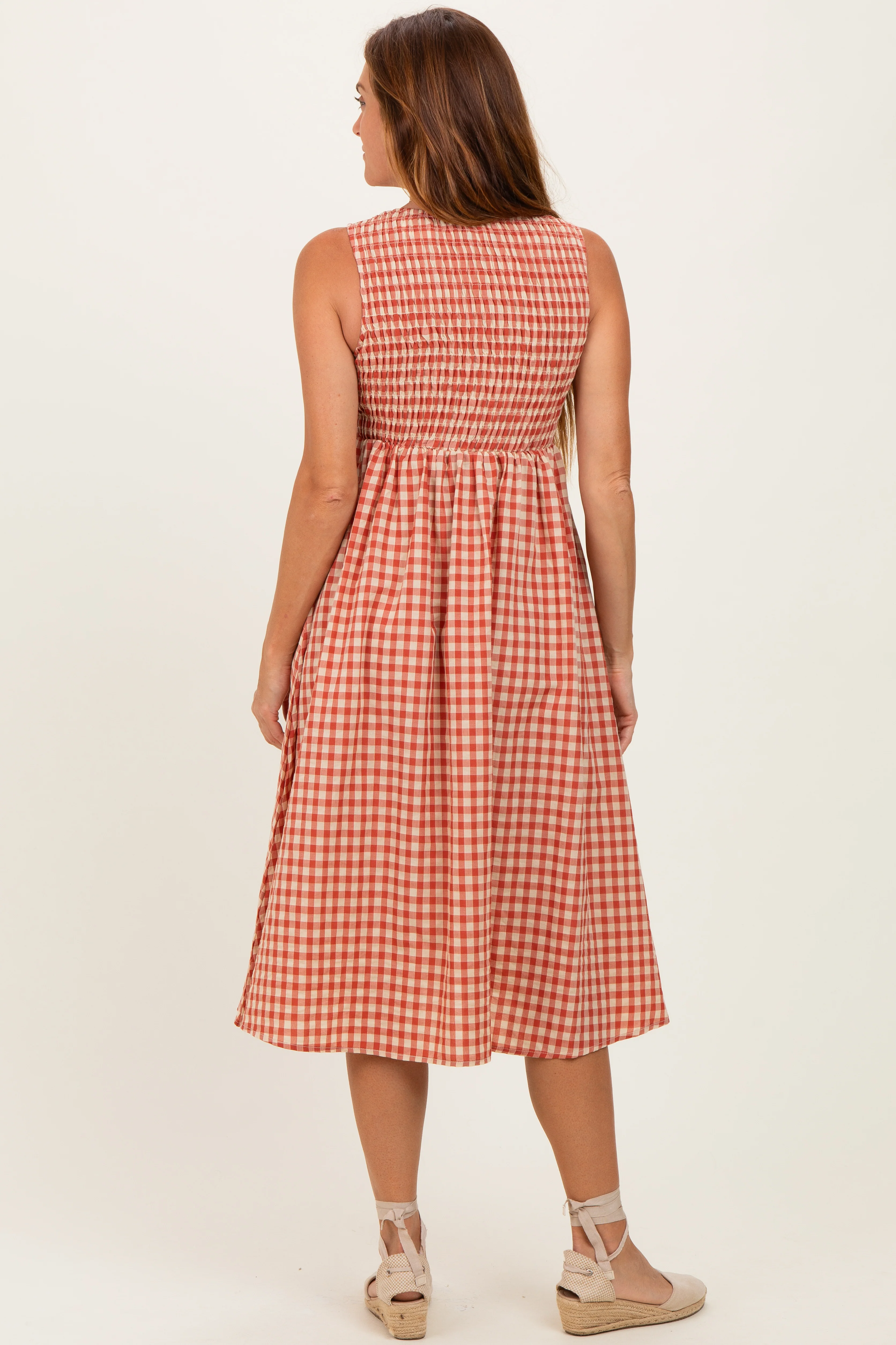 Red Gingham Smocked Sleeveless Midi Dress - Image 3