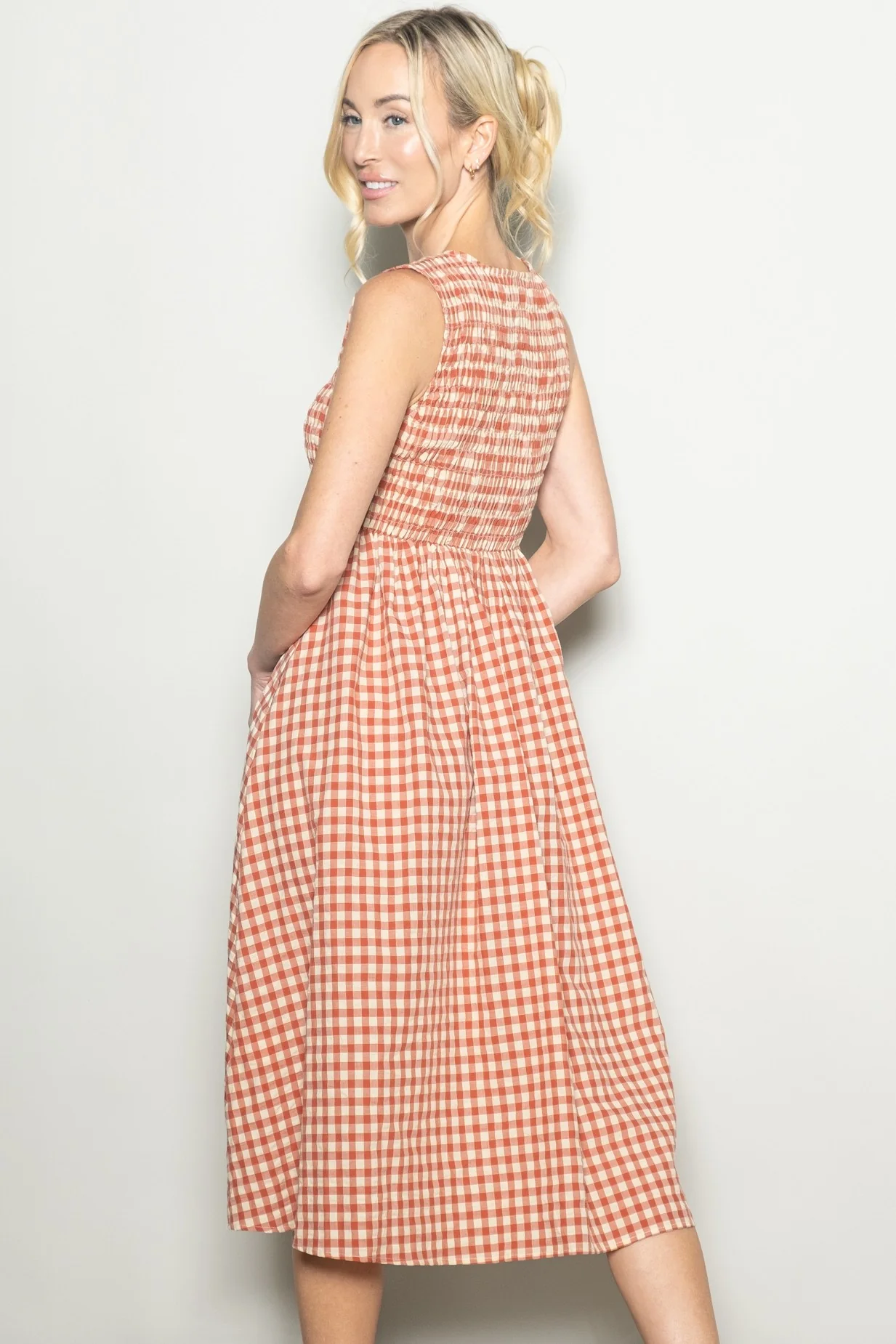 Red Gingham Smocked Sleeveless Midi Dress - Image 8