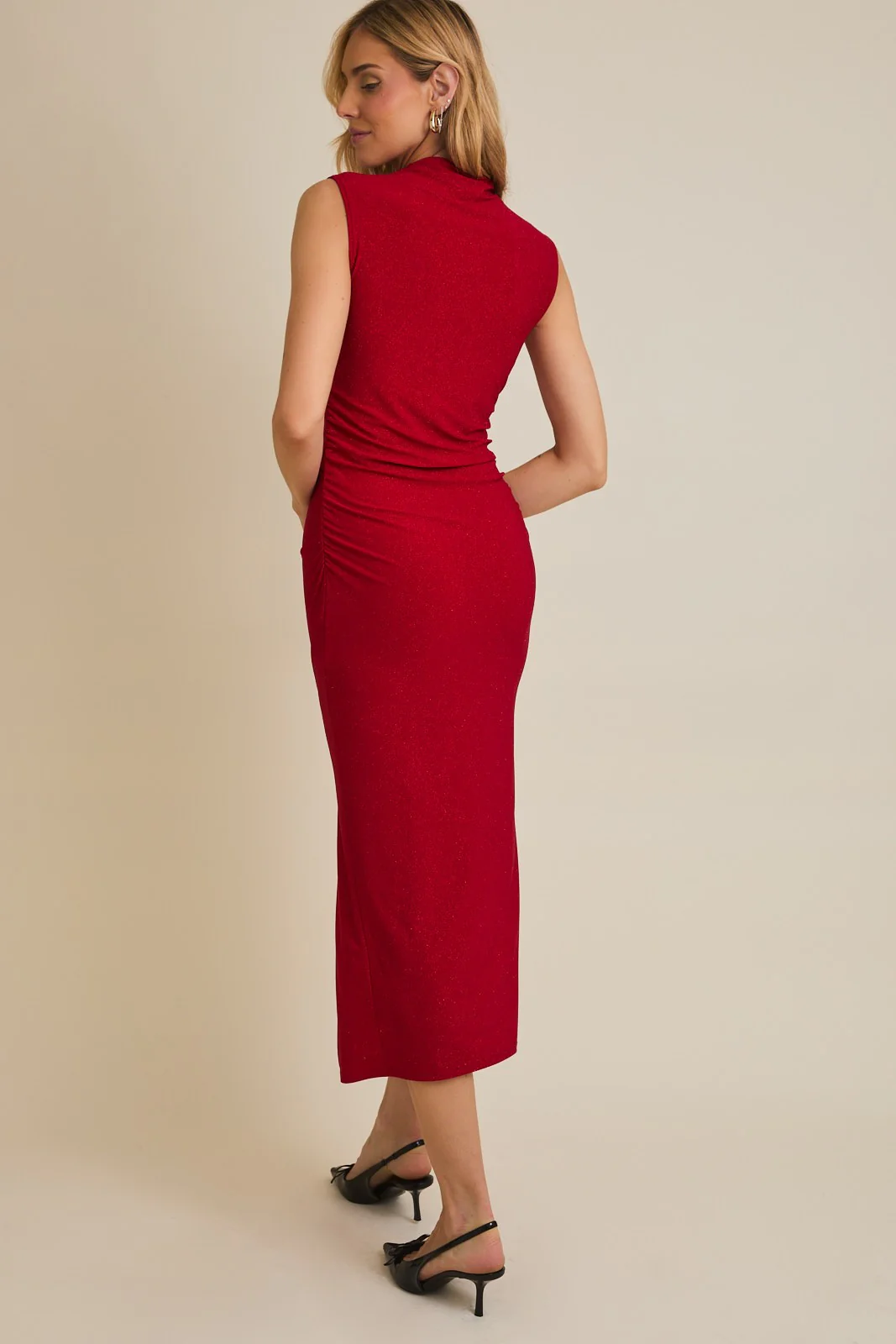 Red Glitter Ruched Side Slit Midi Dress - Image 4