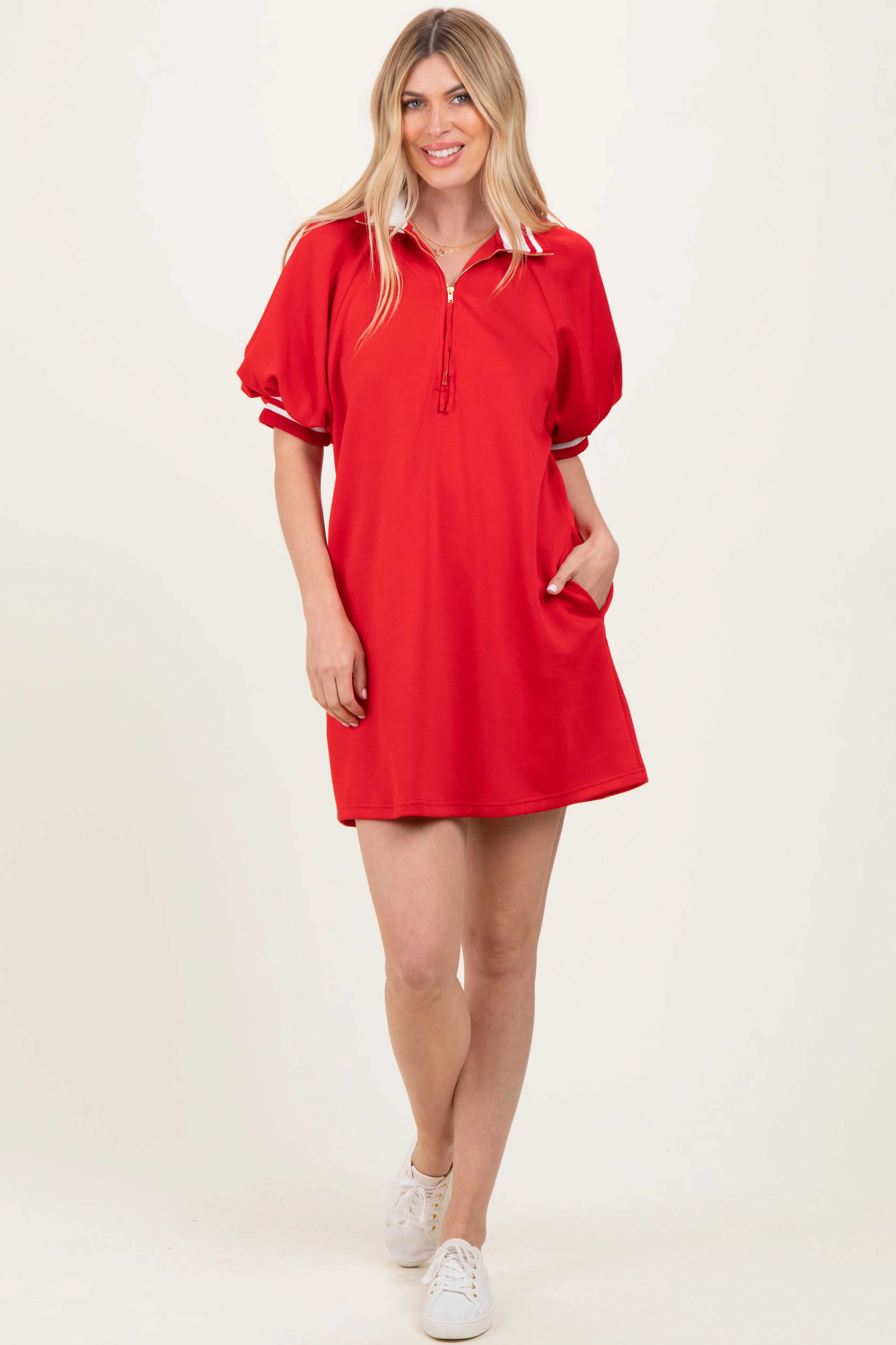 Red Half Zip Puff Sleeve Maternity Mini Dress - Image 5
