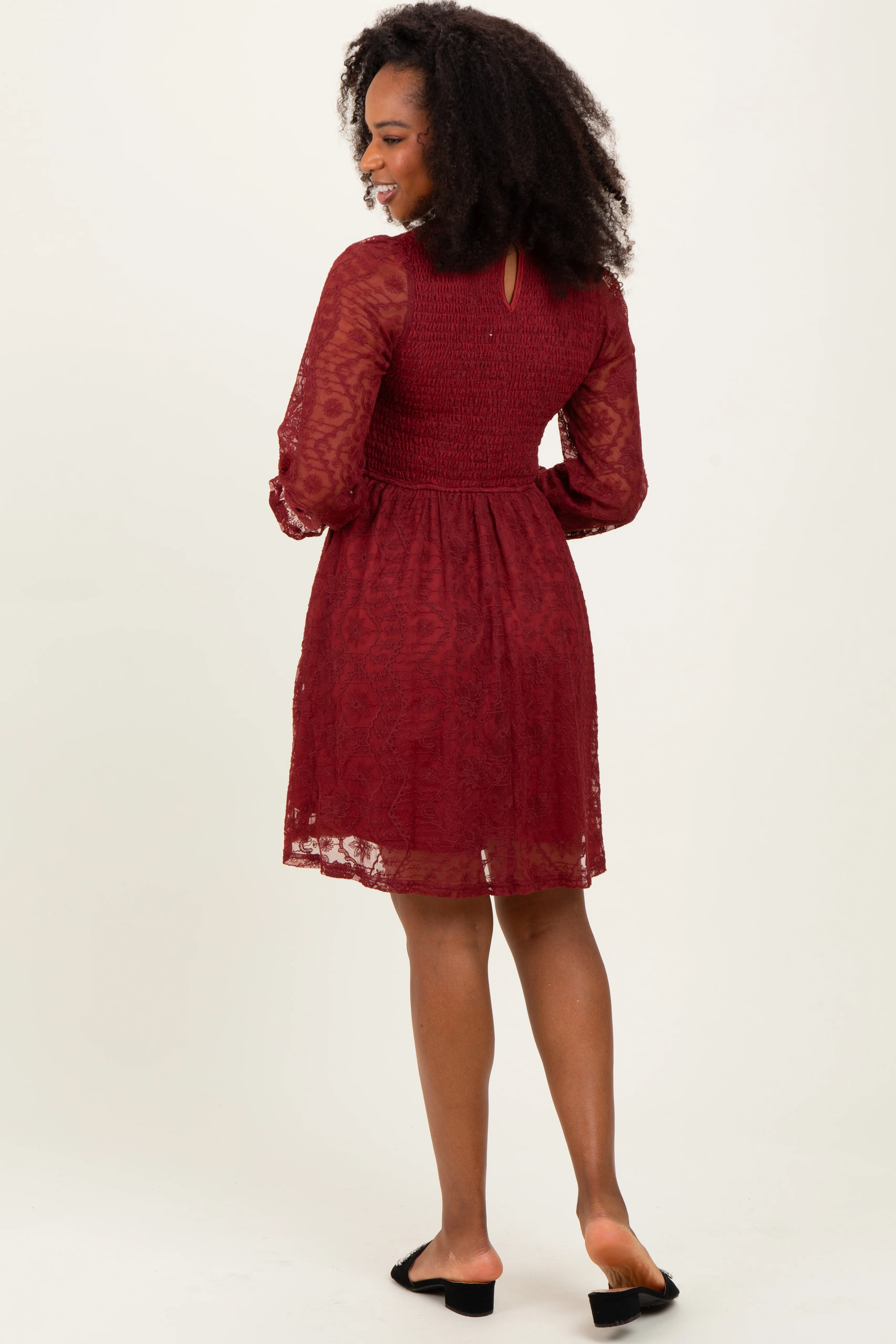Red Lace Smocked Long Sleeve Dress - Image 5