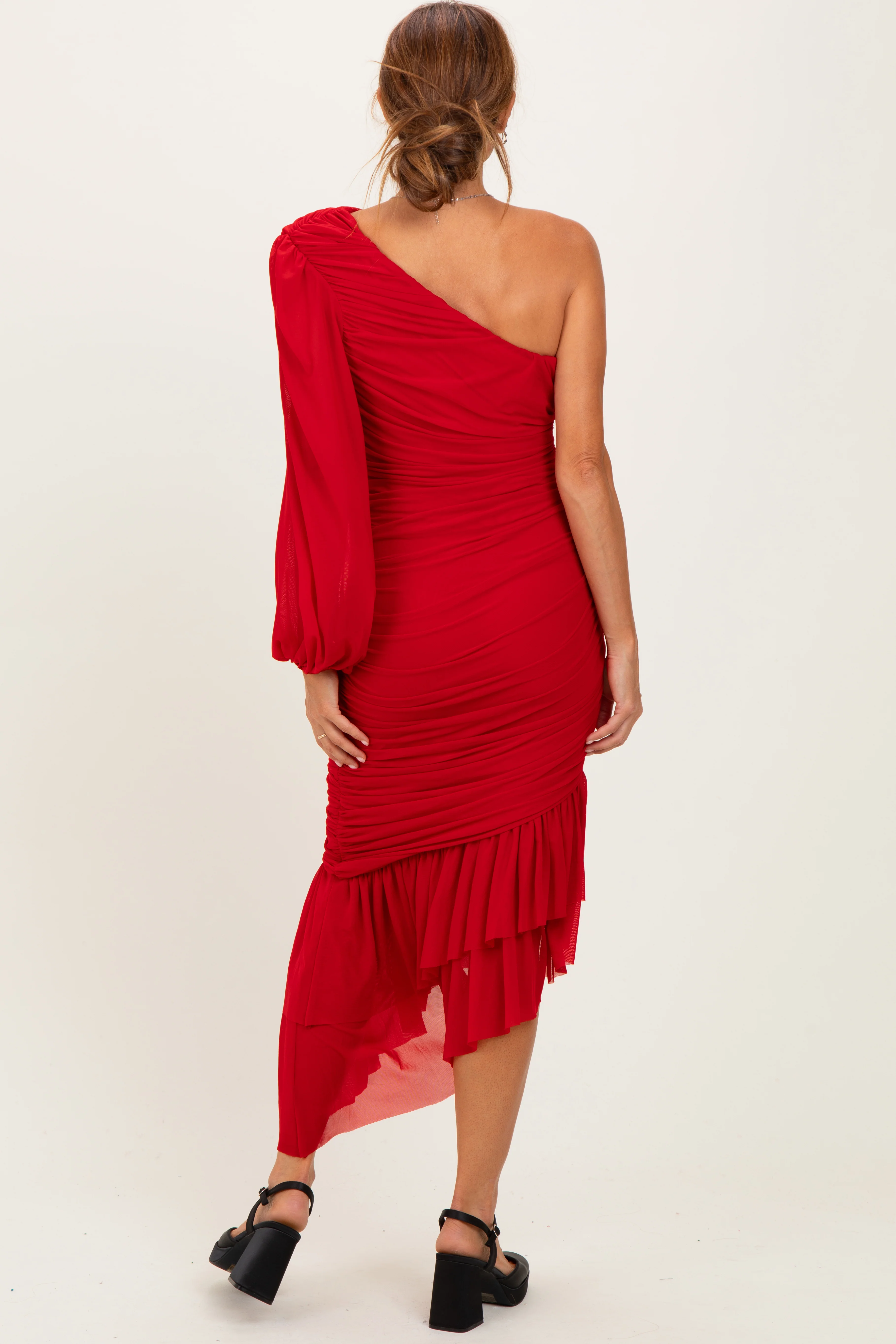 Red Mesh Ruched One Shoulder Asymmetric Dress - Image 4