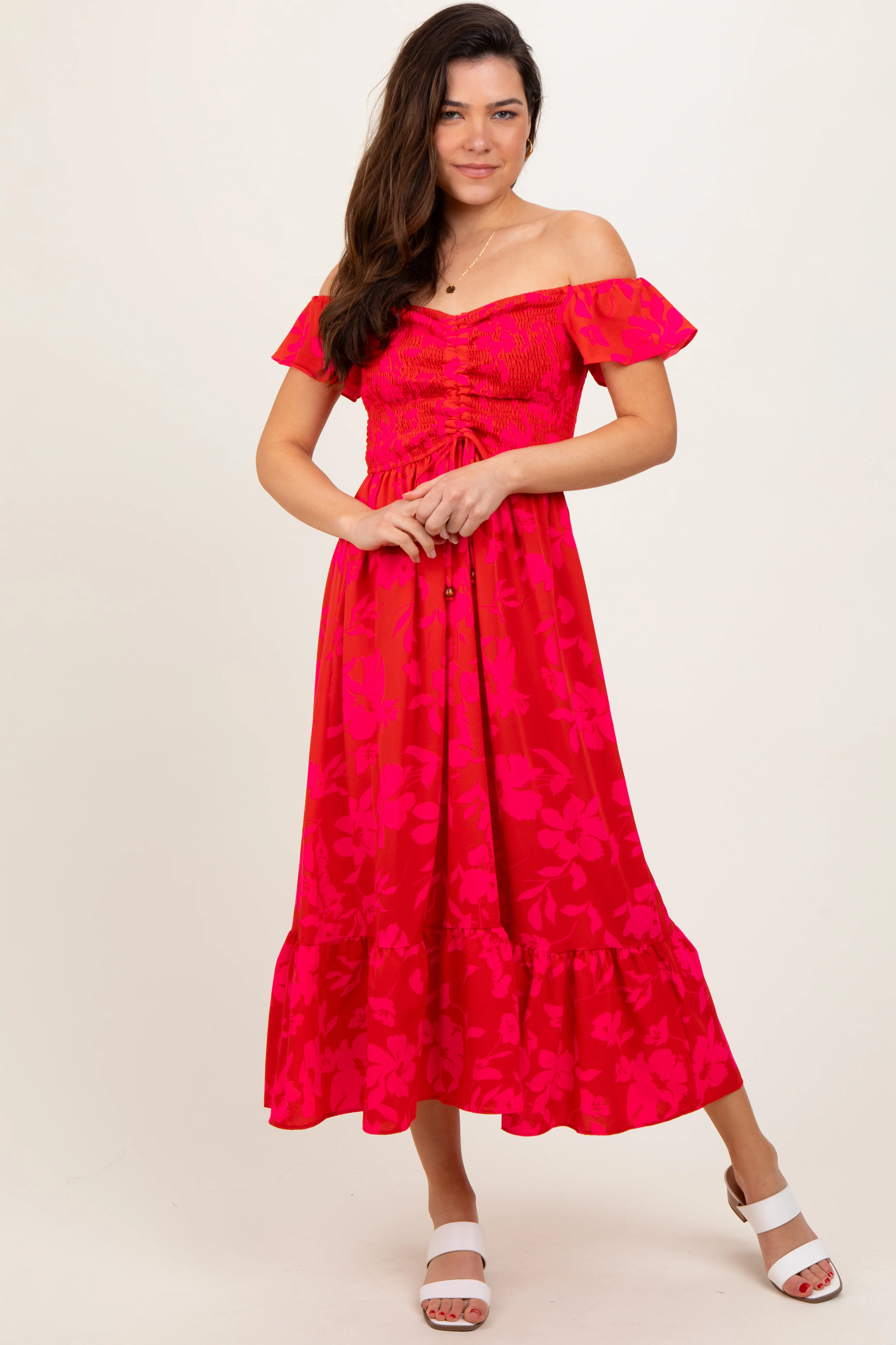 Red Multi Smocked Top Maternity Maxi Dress - Image 5