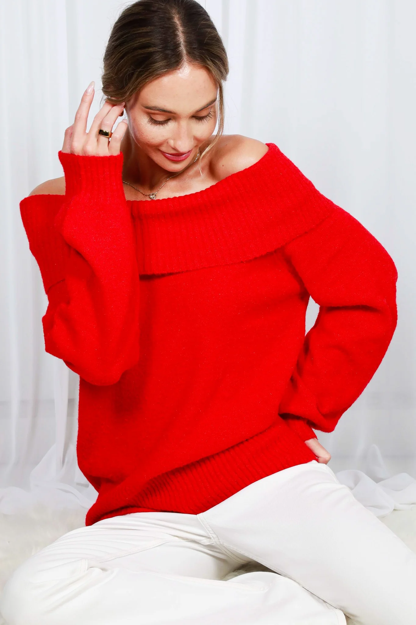 Red Off Shoulder Sweater - Image 3