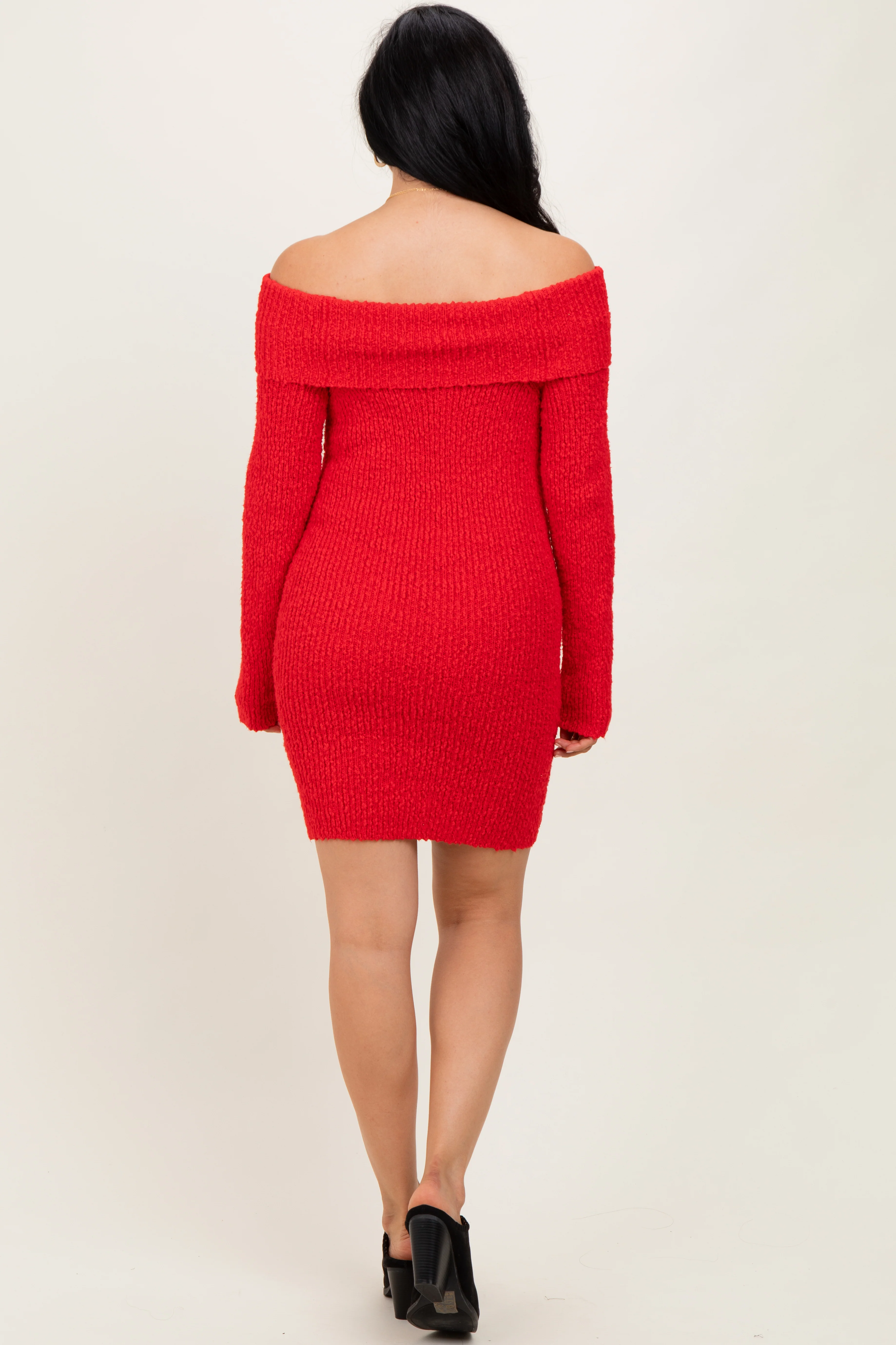 Red Off The Shoulder Knit Sweater Mini Dress - Image 4