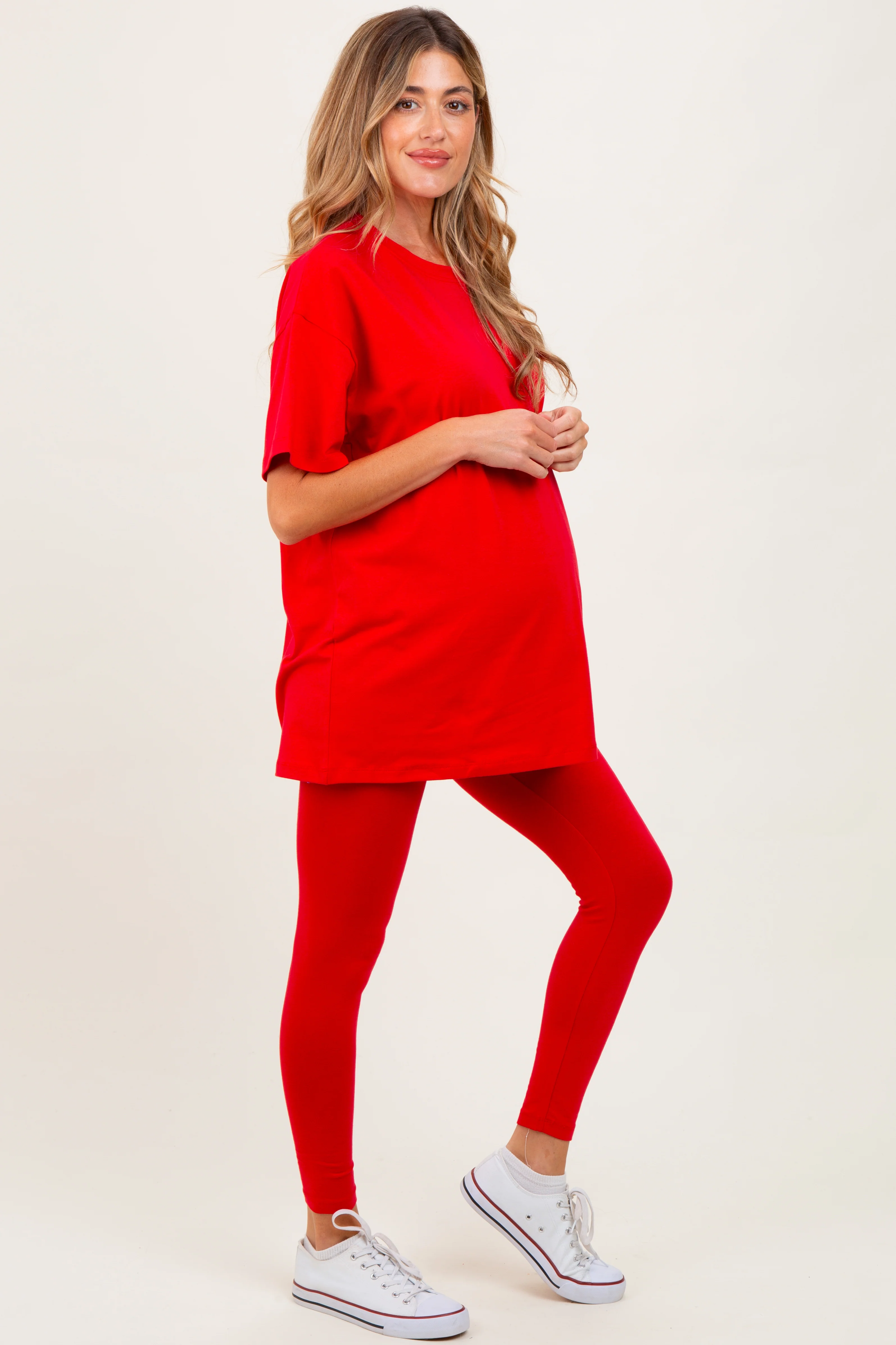 Red Oversized Crewneck Short Sleeve and Legging Maternity Set - Image 3