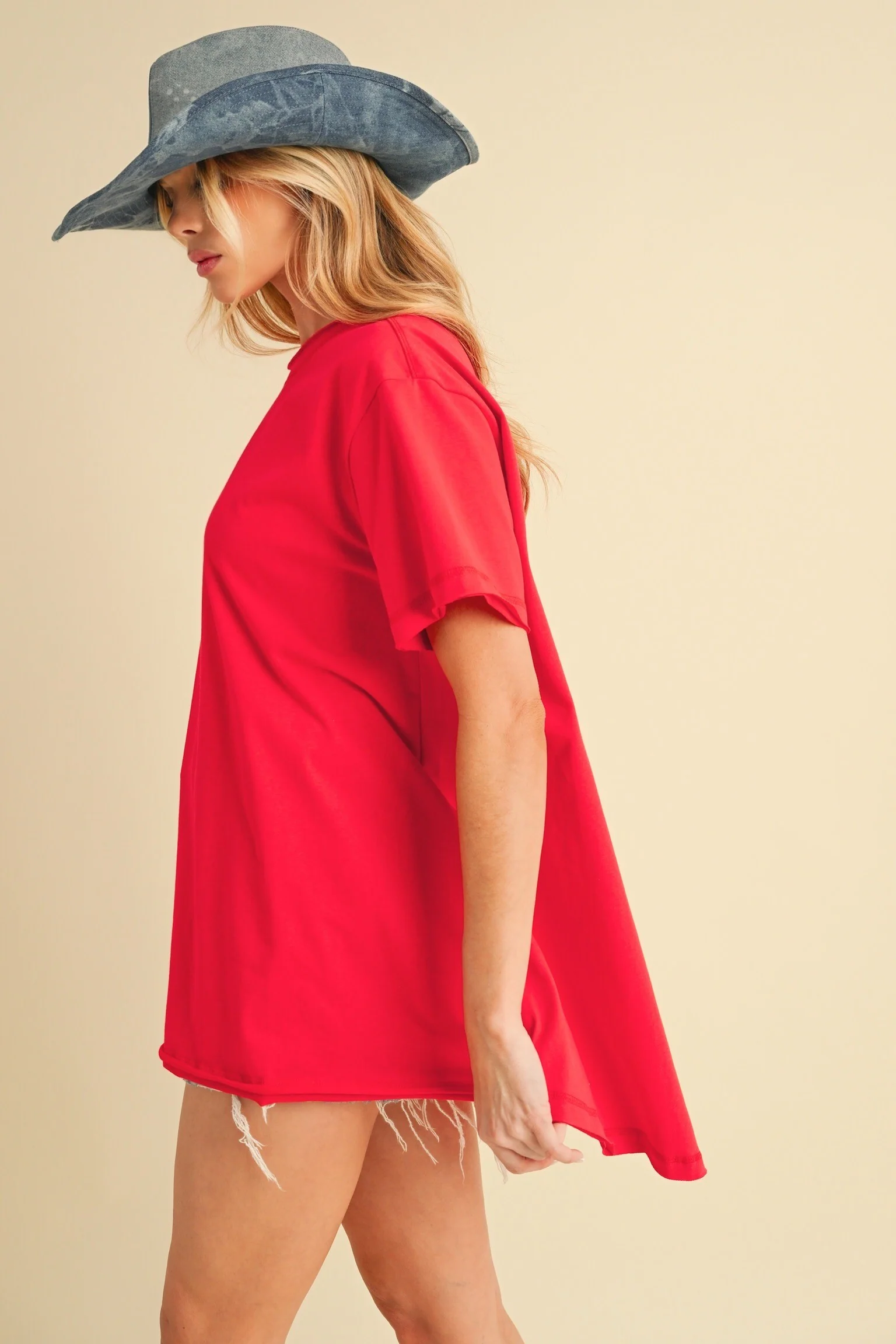 Red Oversized Cut Hem Short Sleeve T-Shirt - Image 3