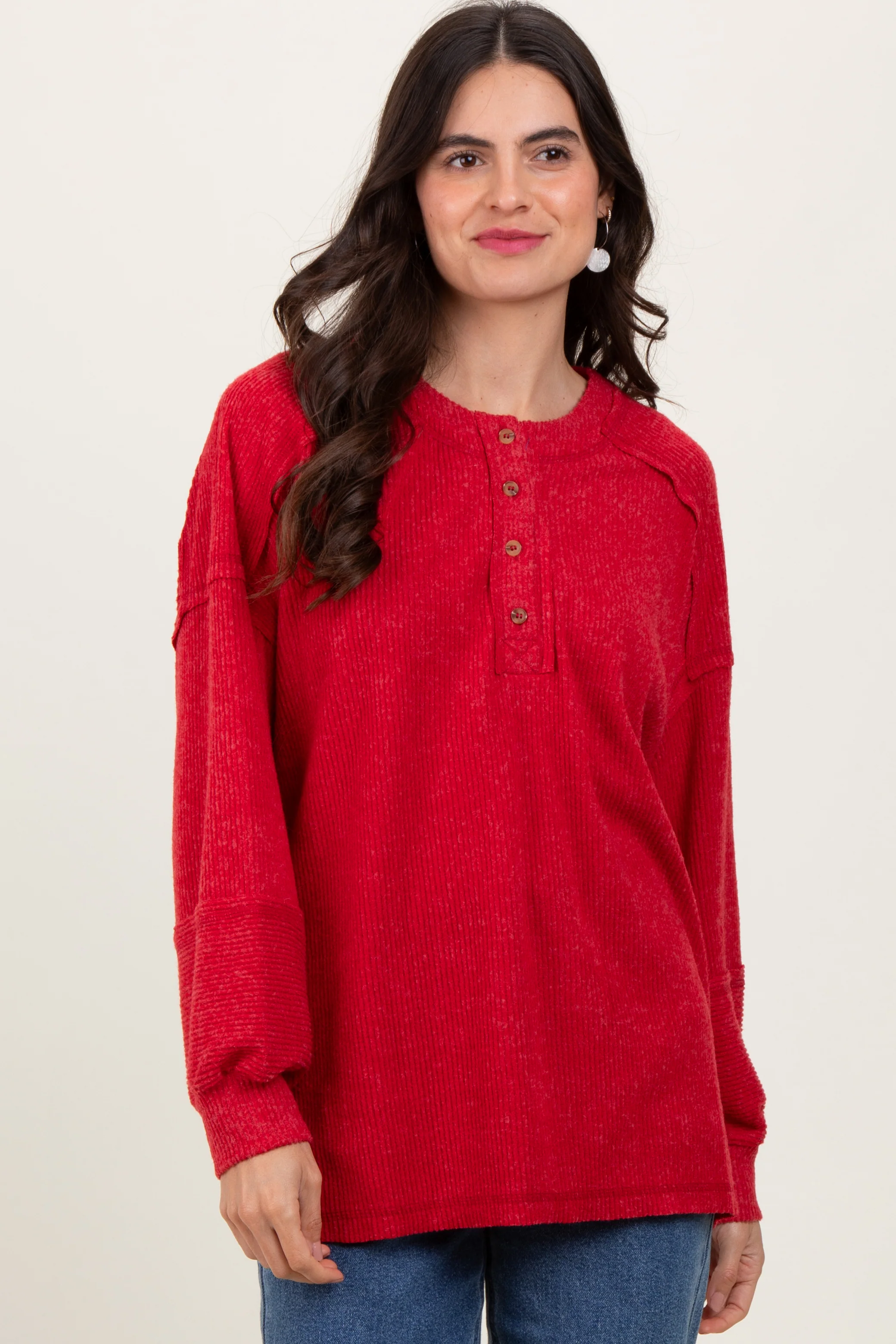 Red Oversized Ribbed Knit Henley Maternity Sweater - Image 5