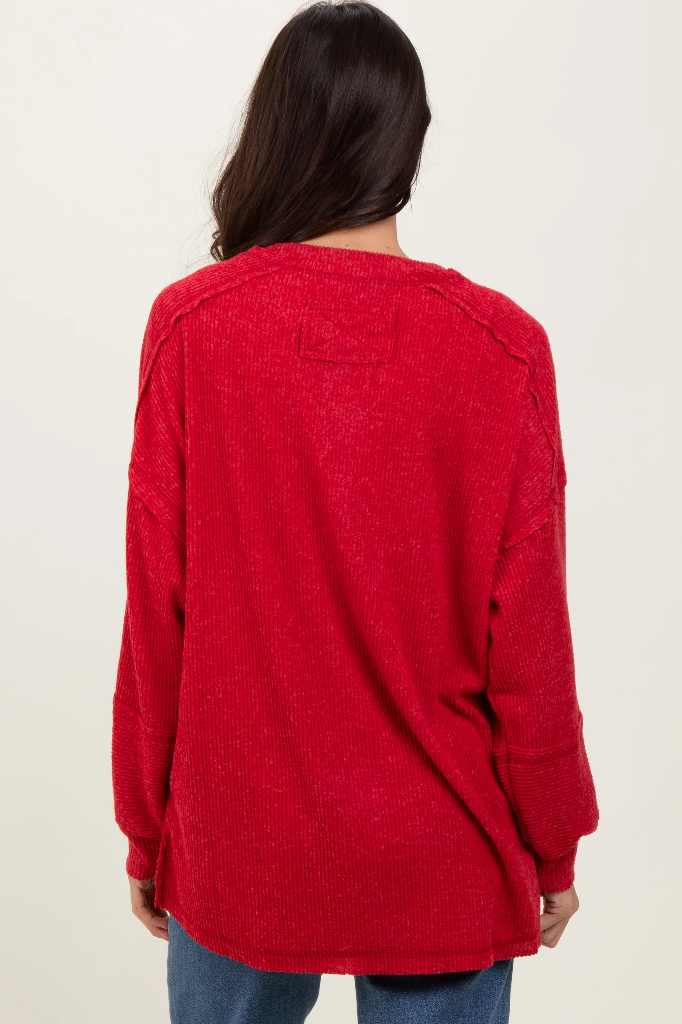 Red Oversized Ribbed Knit Henley Sweater - Image 4