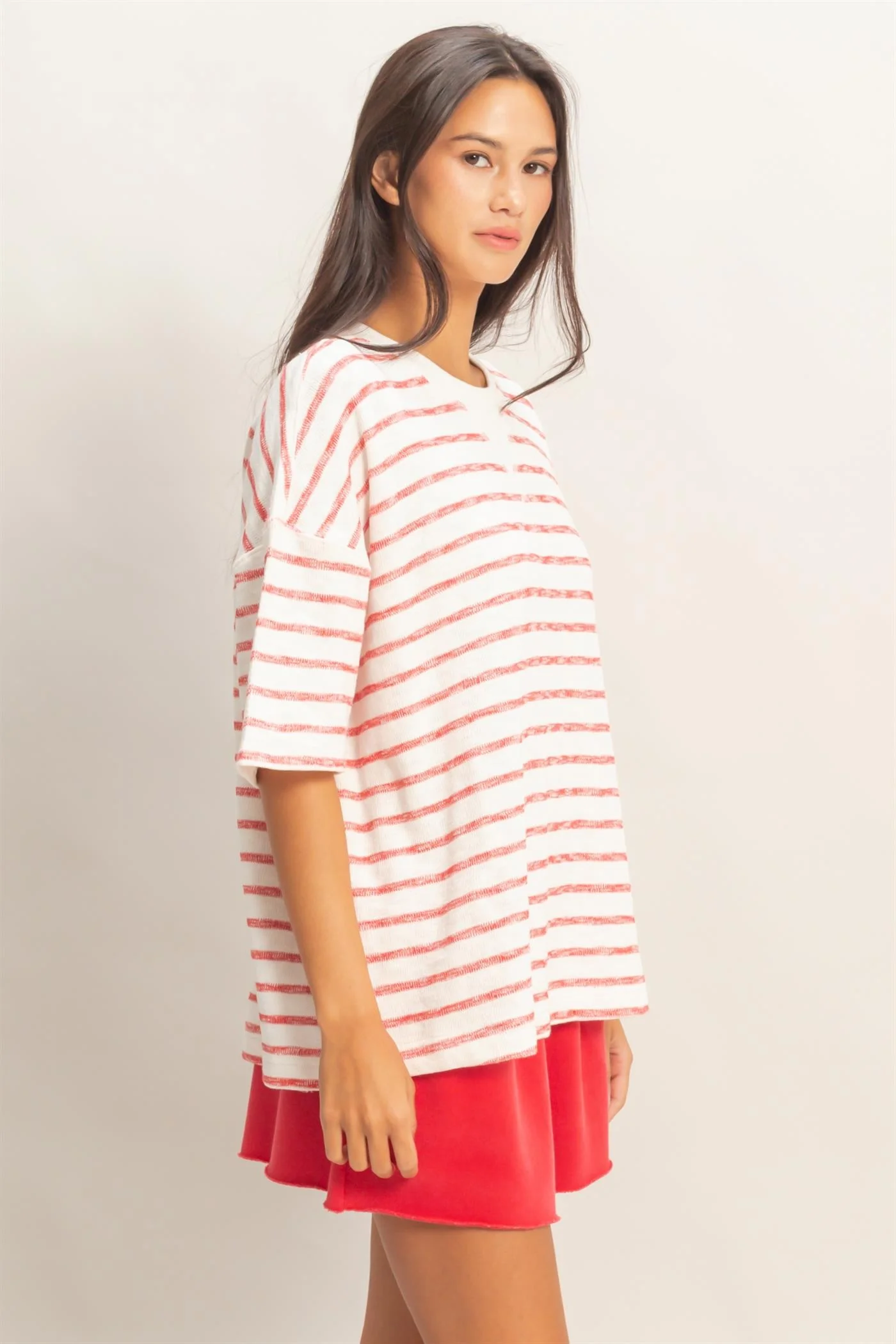 Red Oversized Striped Short Sleeve Top - Image 3