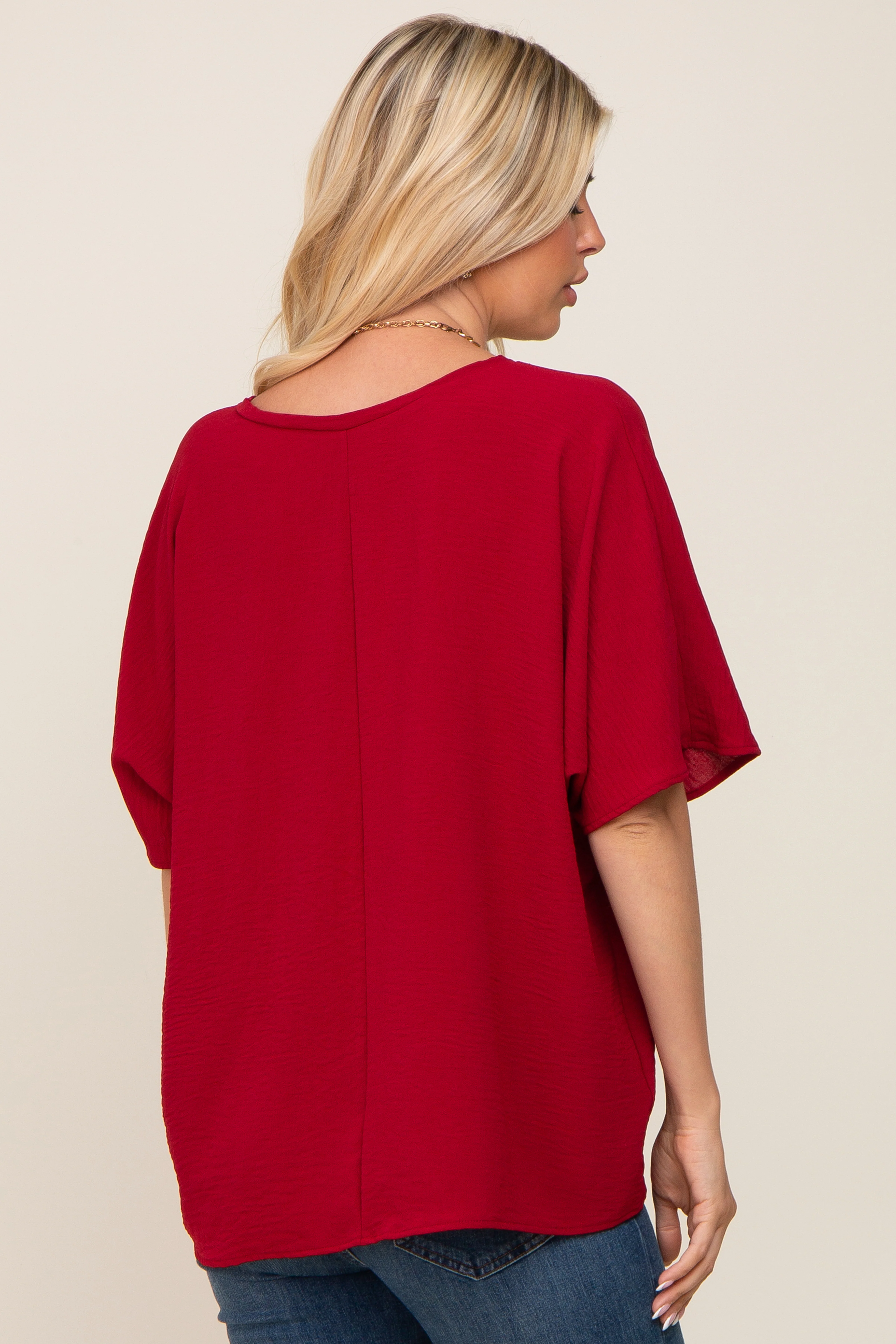 Red Oversized V-Neck Pocket Front Blouse - Image 3