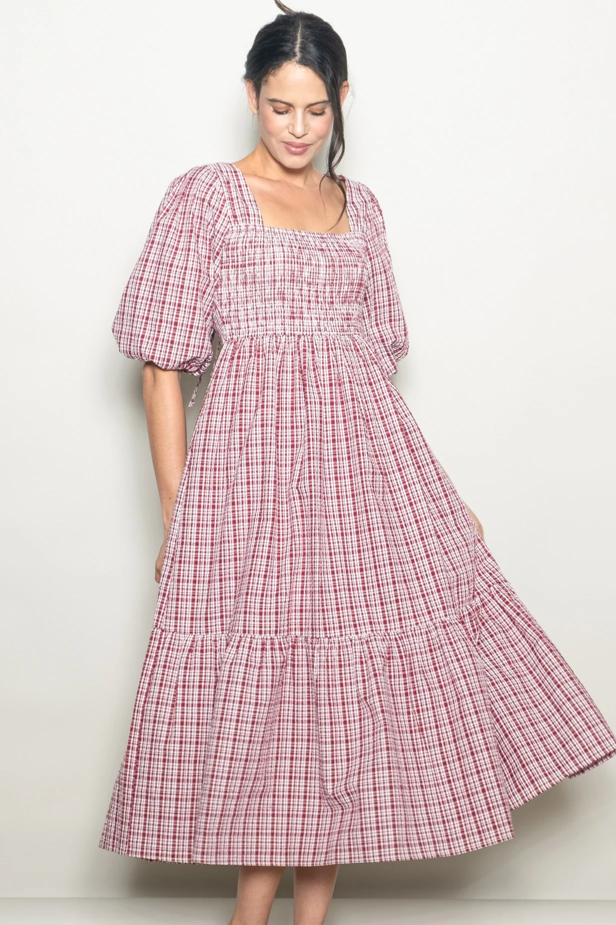 Red Plaid Bubble Sleeve Dress