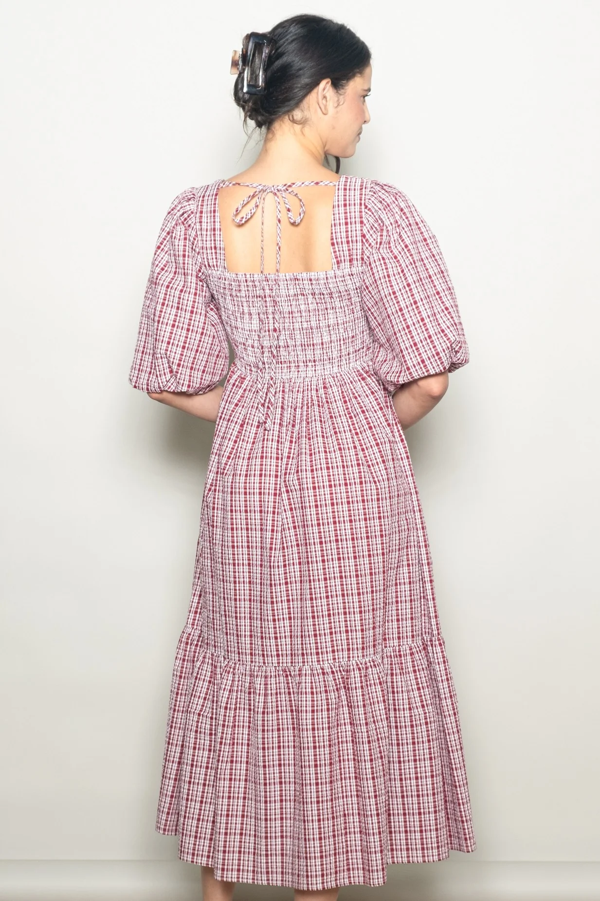 Red Plaid Bubble Sleeve Dress - Image 4