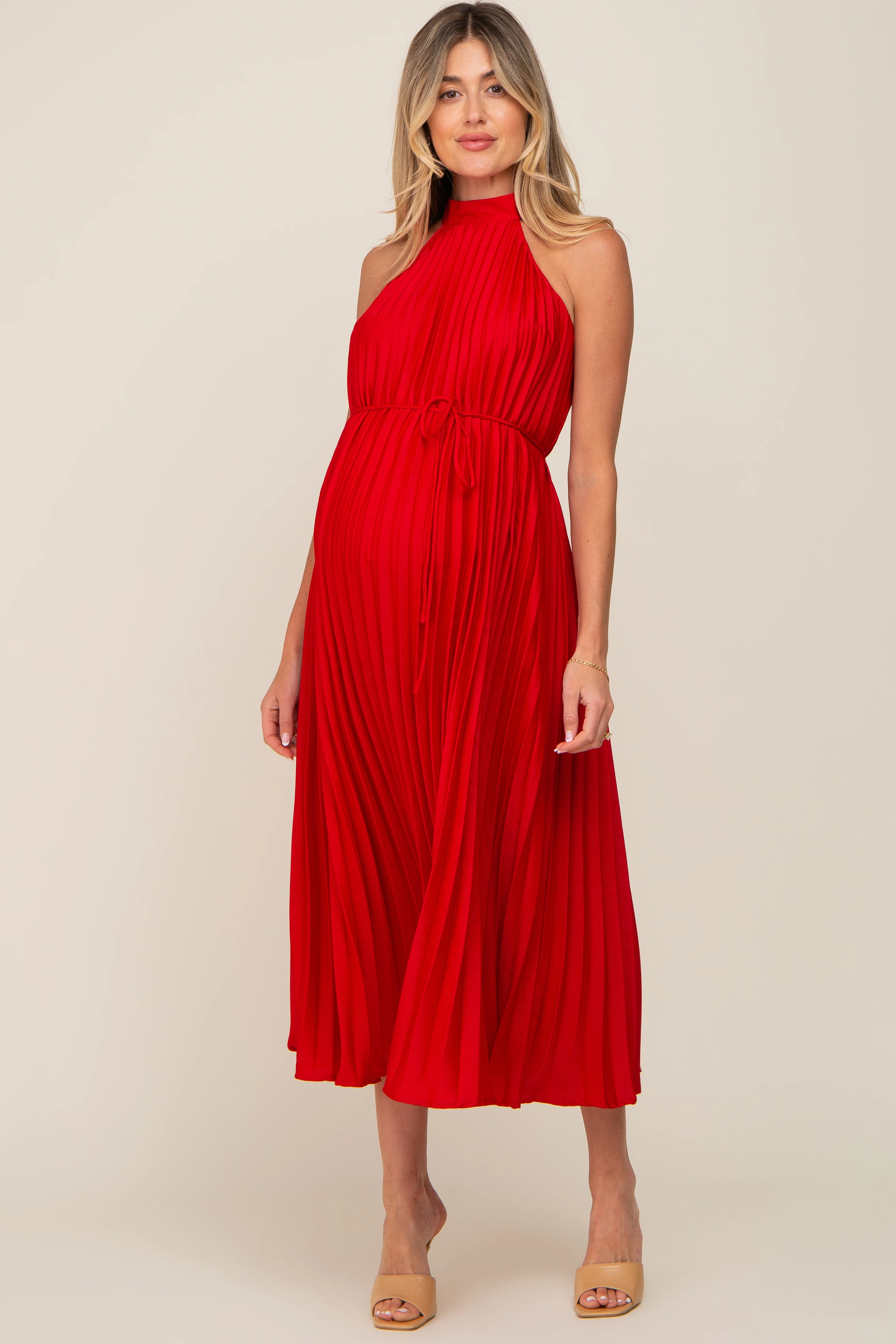 Red Pleated Maternity Halter Dress - Image 4
