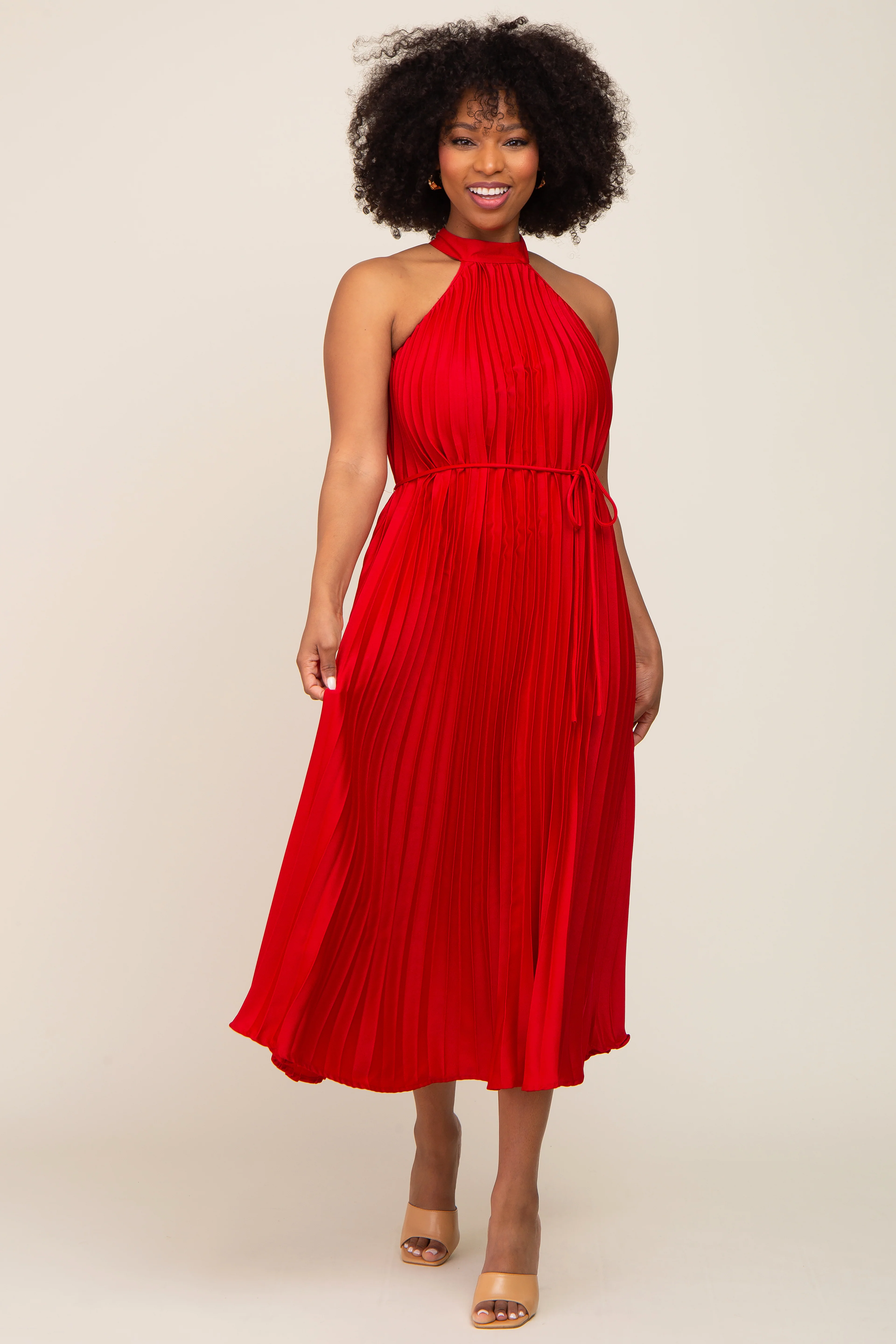 Red Pleated Maternity Halter Dress - Image 5