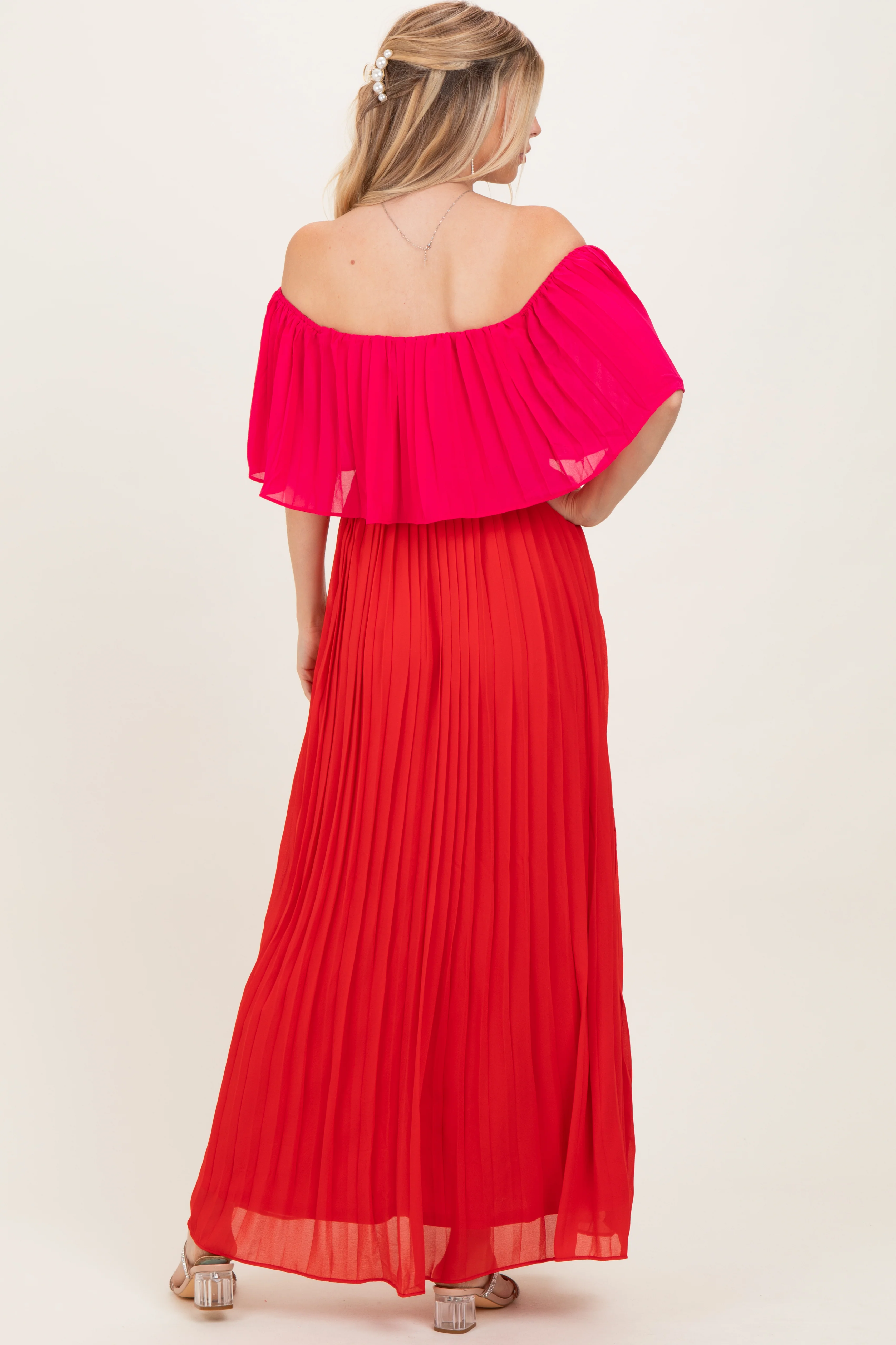 Red Pleated Off Shoulder Colorblock Maxi Dress - Image 4