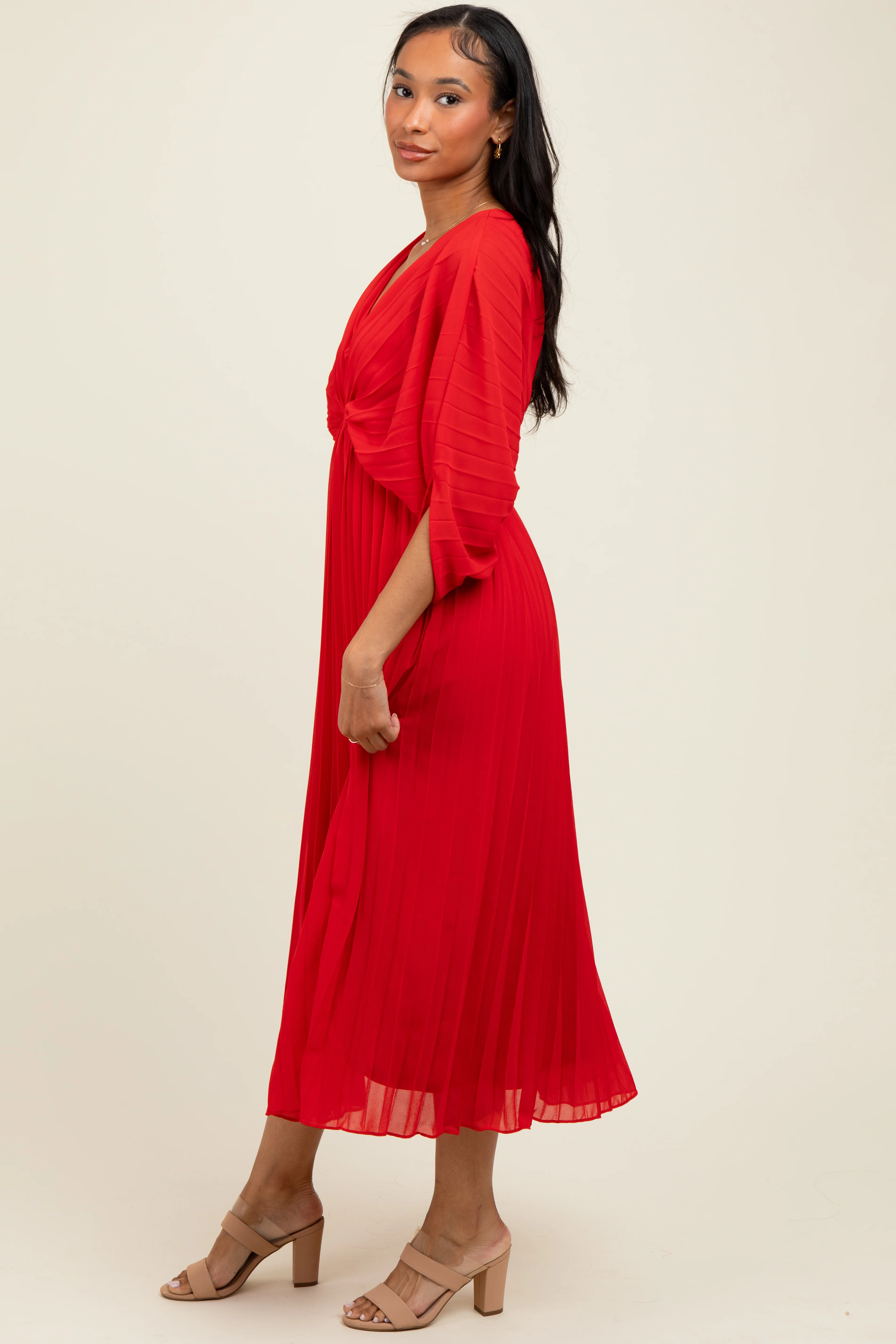 Red Pleated V Neck Maxi Dress - Image 3