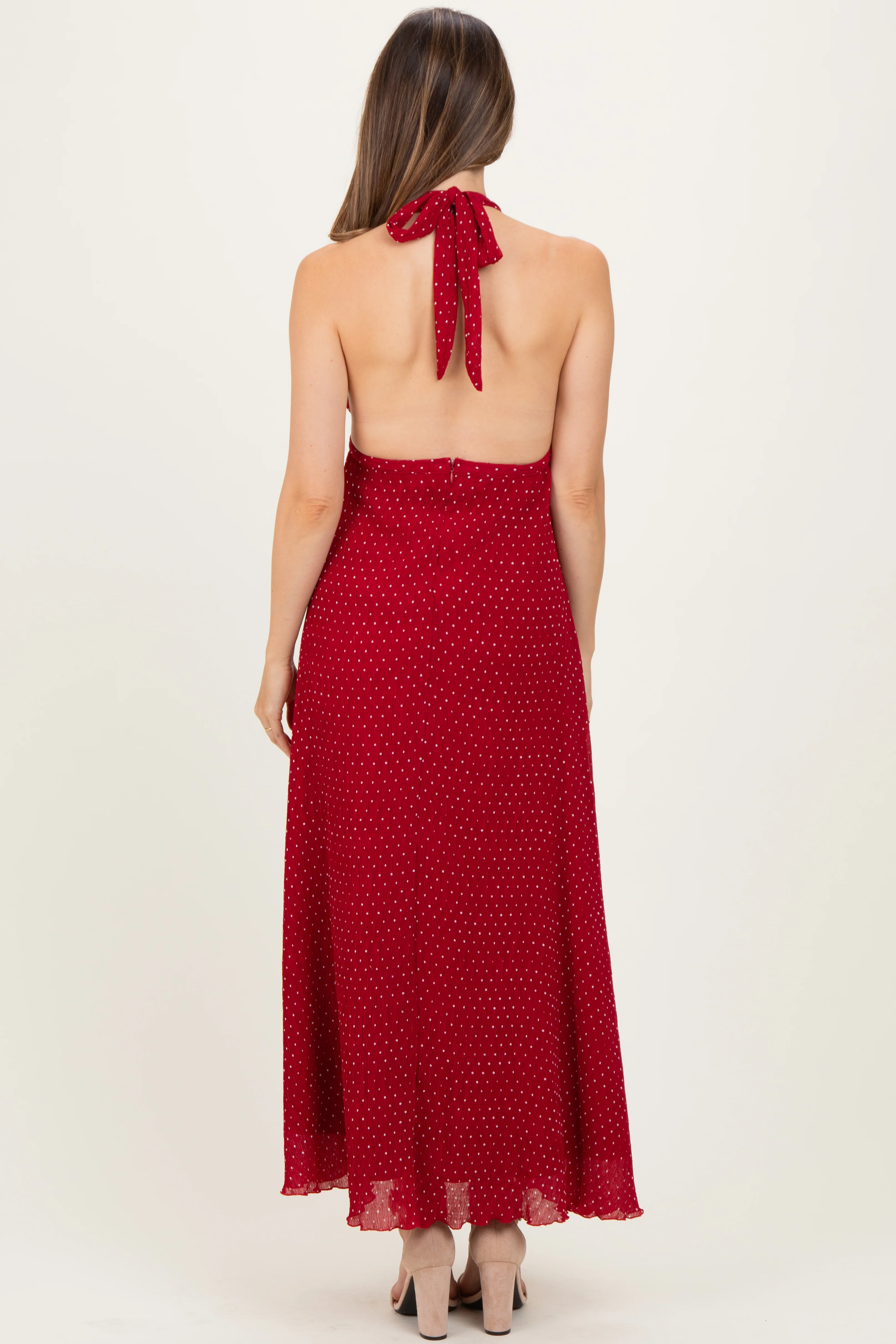 Red Polka Dot Halter Tie Open Back Maternity Maxi Dress - Image 3