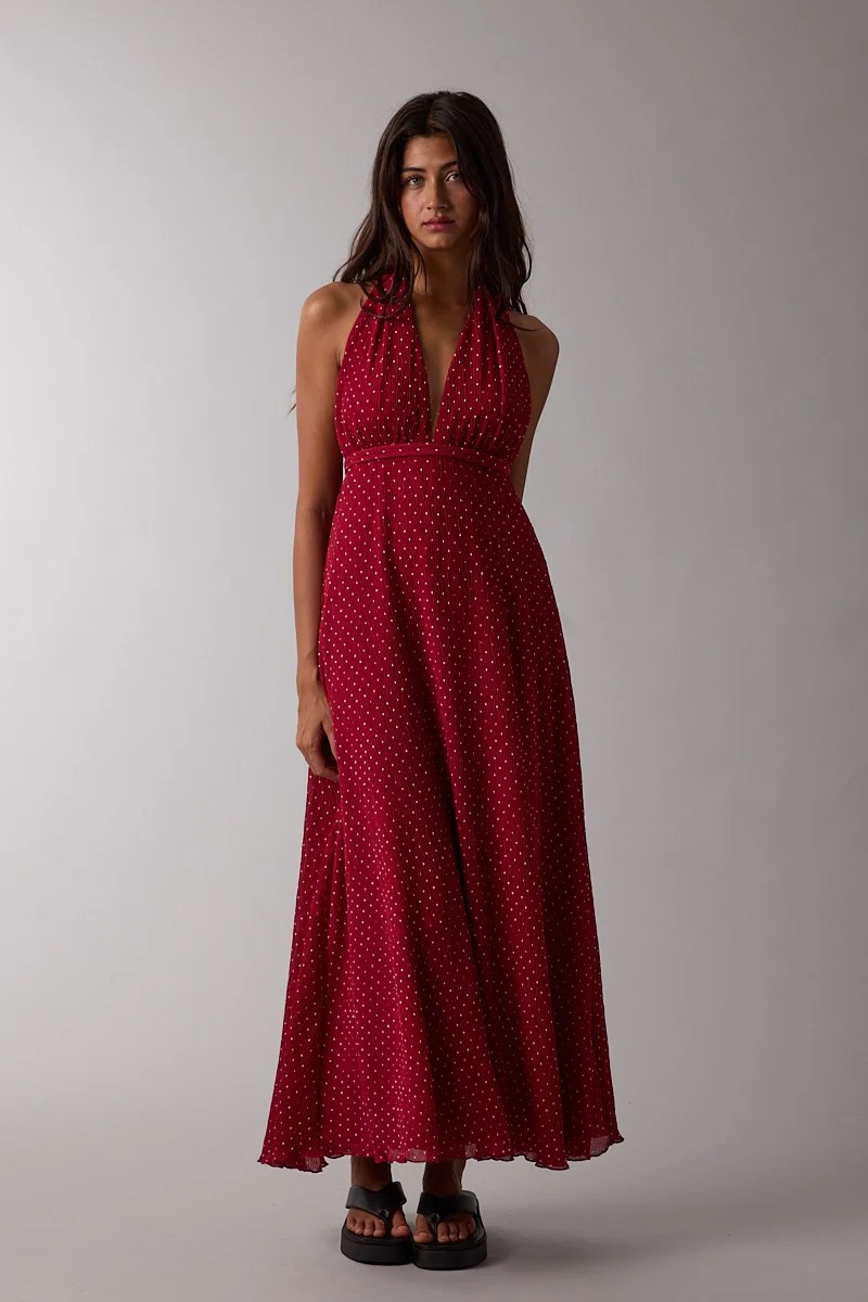 Red Polka Dot Halter Tie Open Back Maxi Dress - Image 2
