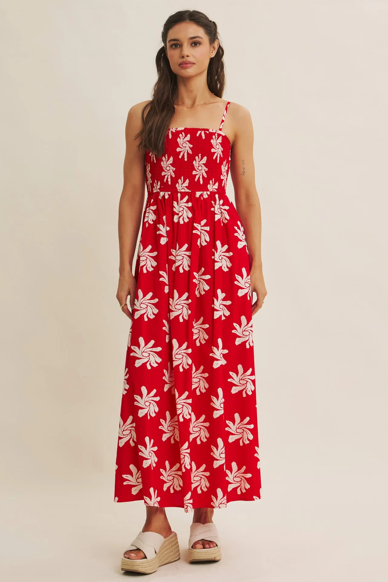 Red Printed Square Neck Smocked Maxi Dress - Image 2