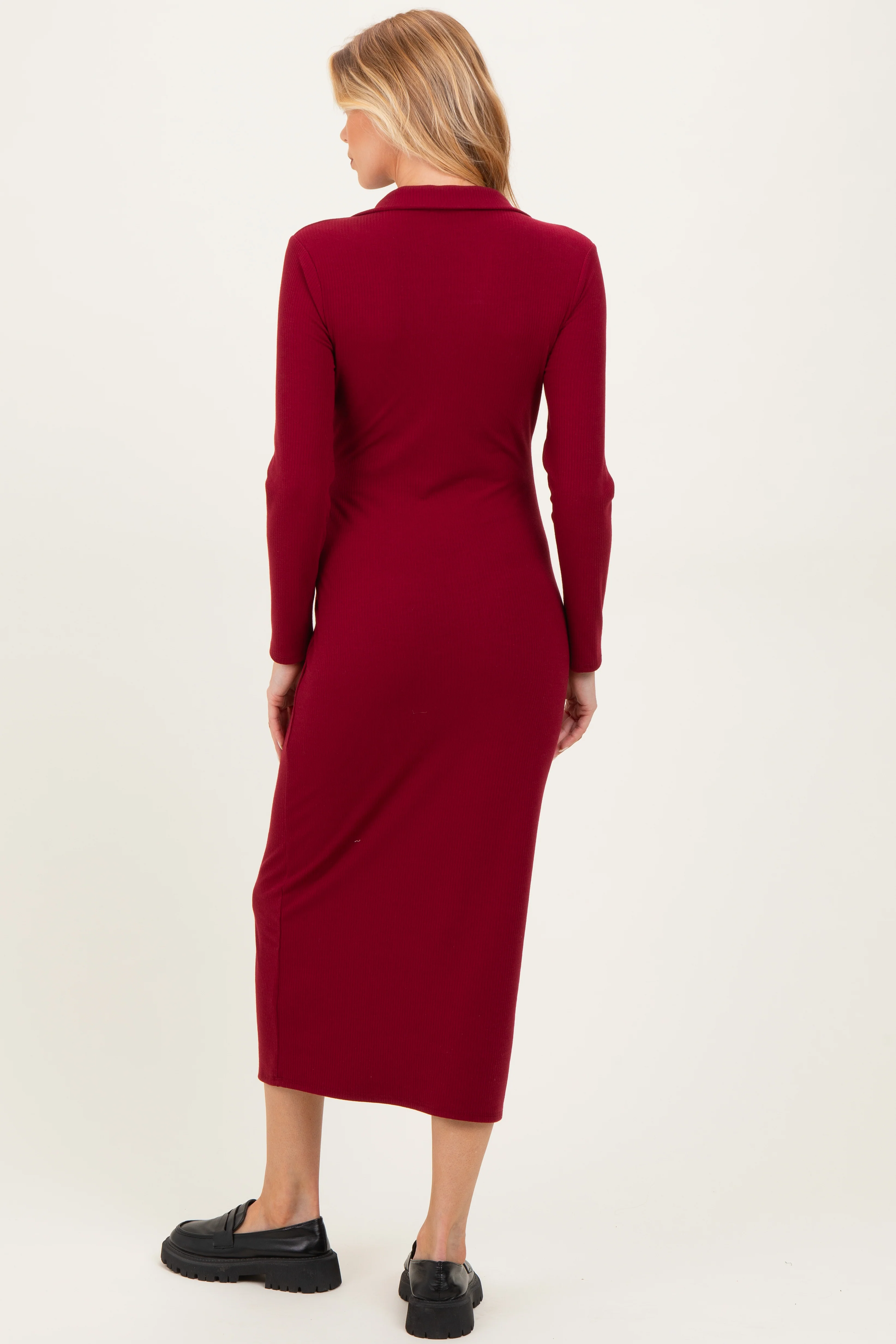 Red Ribbed Collared Long Sleeve Maternity Midi Dress - Image 3