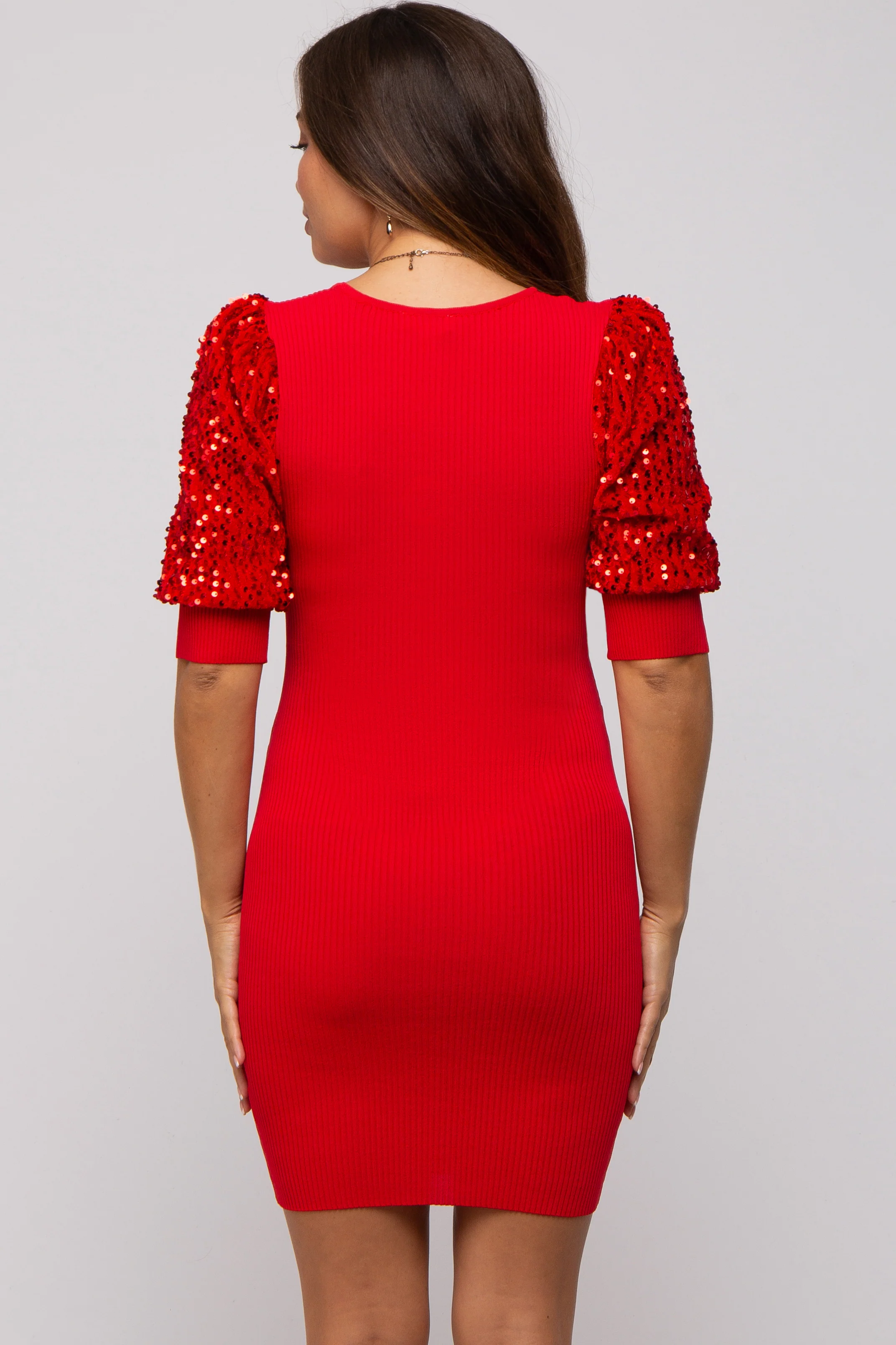 Red Ribbed Sequin Puff Sleeve Maternity Dress - Image 4