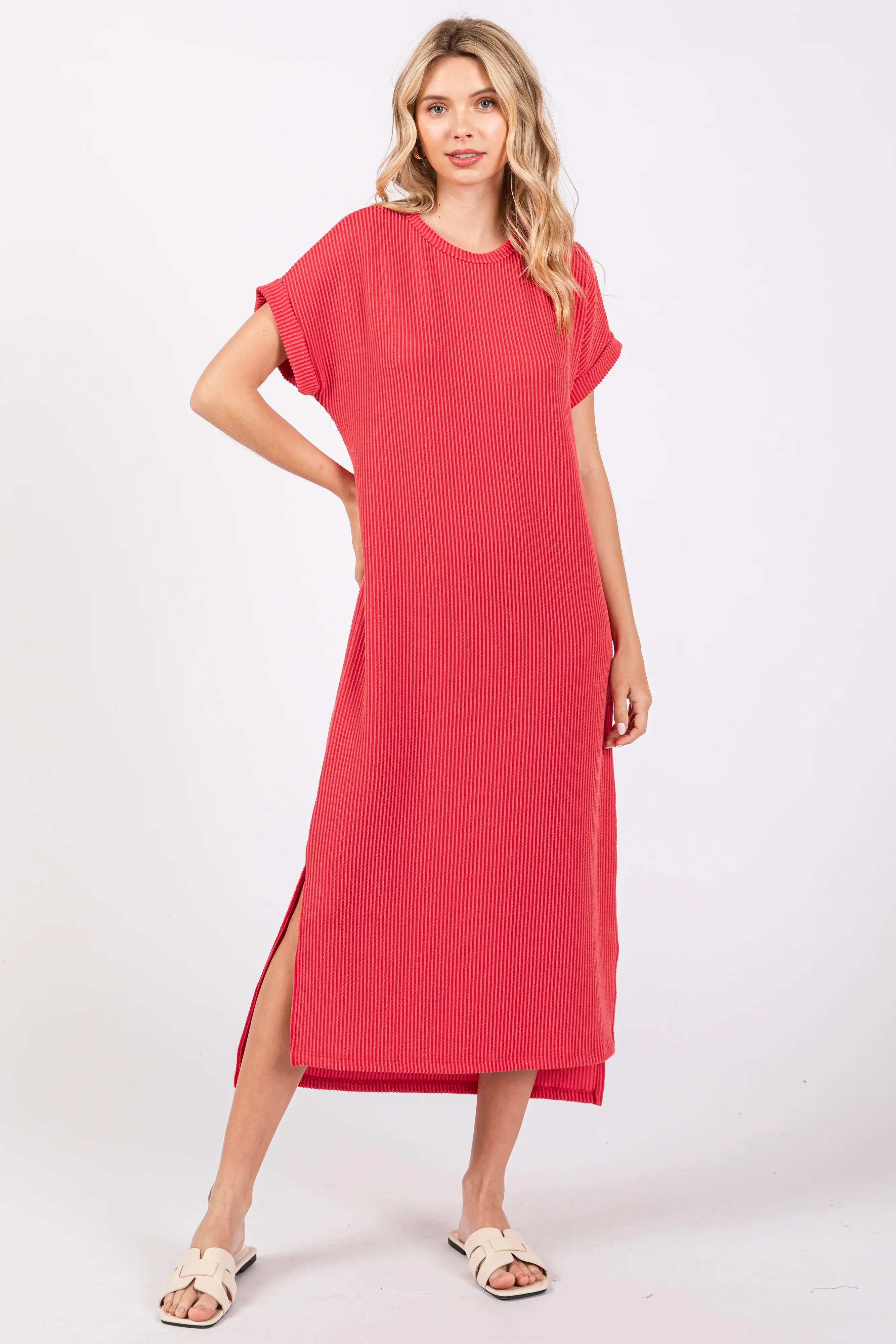 Red Ribbed Short Sleeve Maternity Midi Dress - Image 9