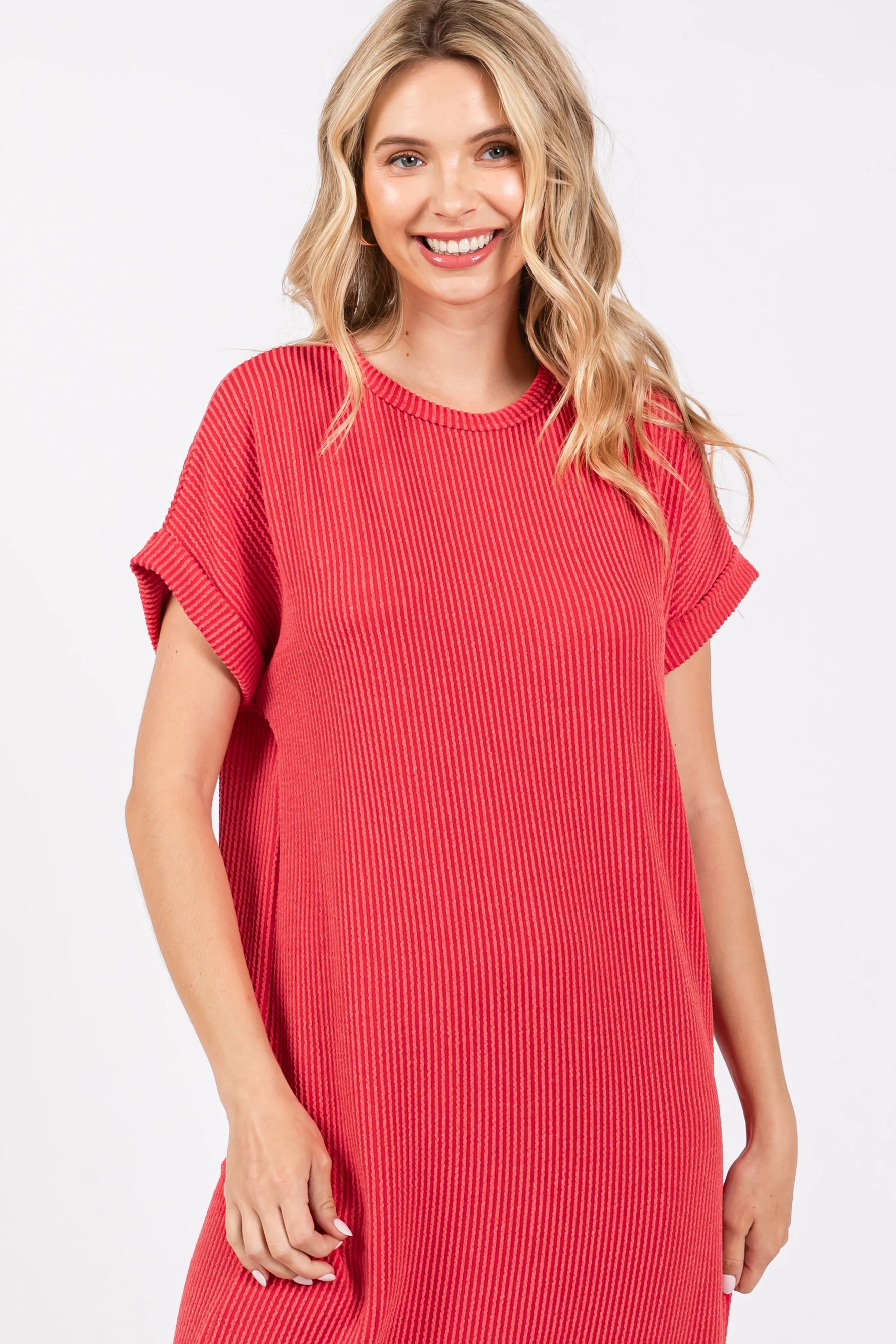 Red Ribbed Short Sleeve Midi Dress - Image 4