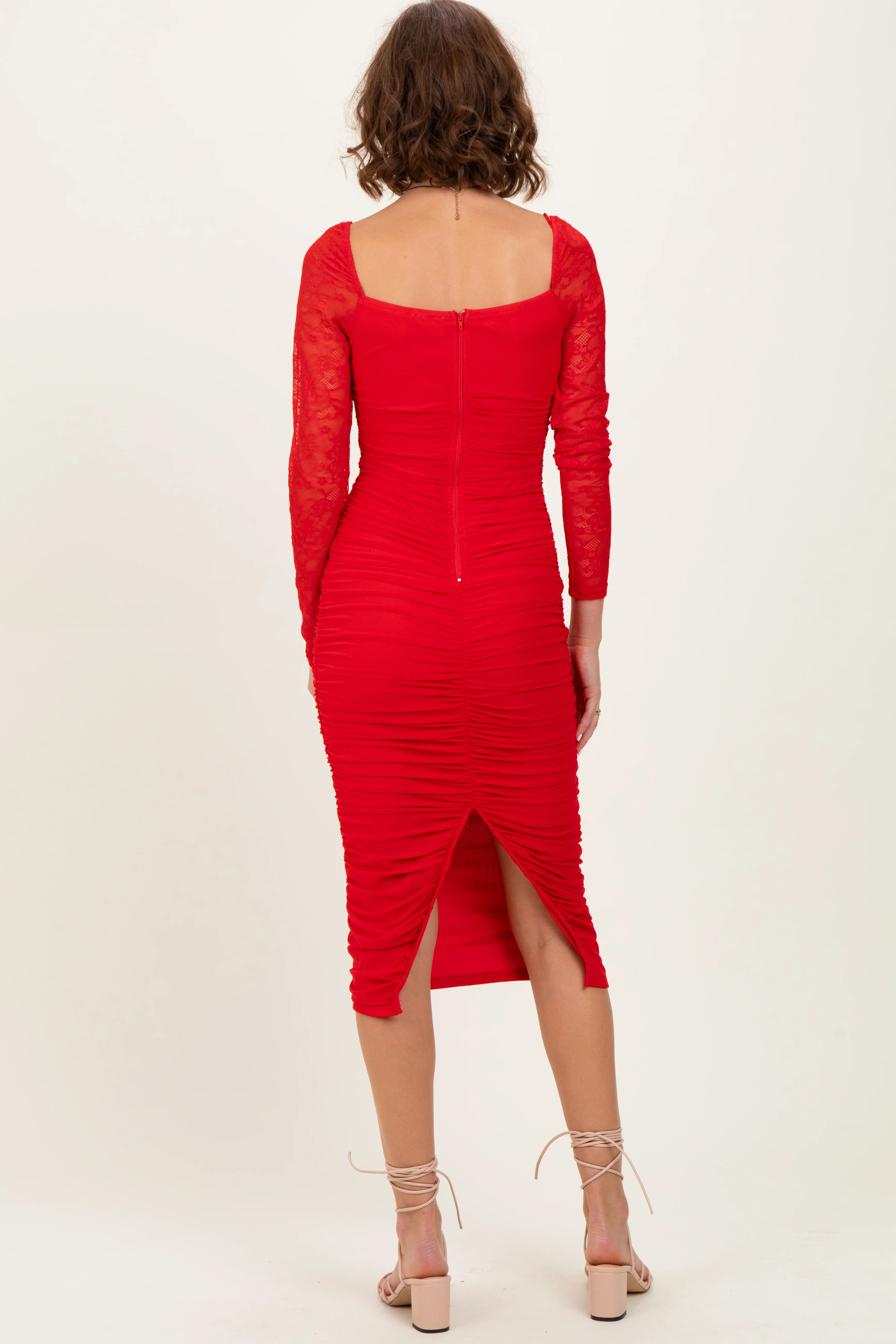Red Ruched Lace Sleeve Midi Dress - Image 4