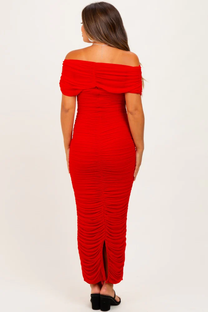 Red Ruched Mesh Foldover Off Shoulder Maternity Maxi Dress - Image 3