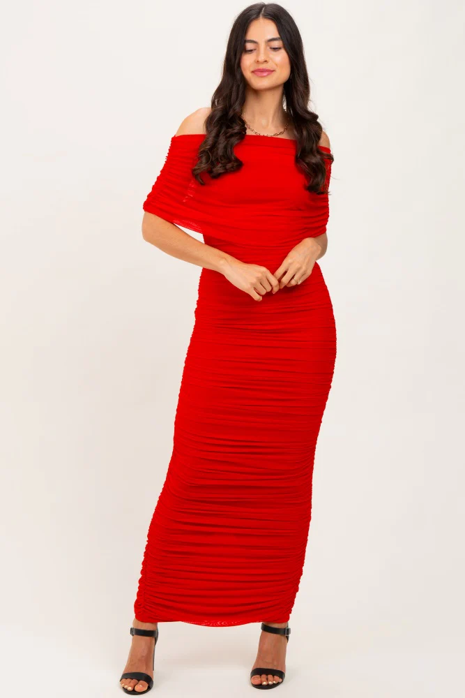 Red Ruched Mesh Foldover Off Shoulder Maternity Maxi Dress - Image 4