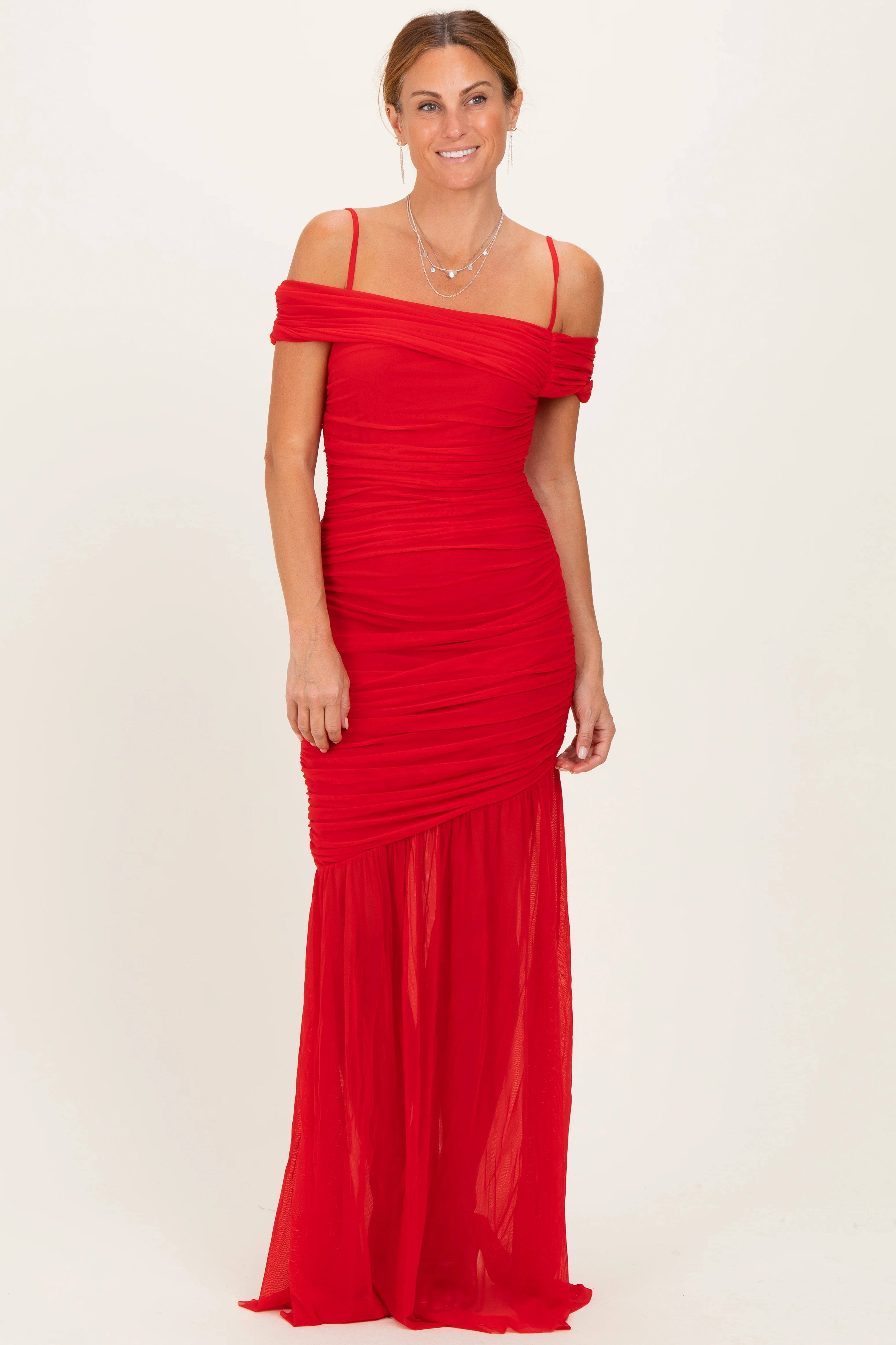Red Ruched Mesh Off Shoulder Maternity Maxi Dress - Image 4