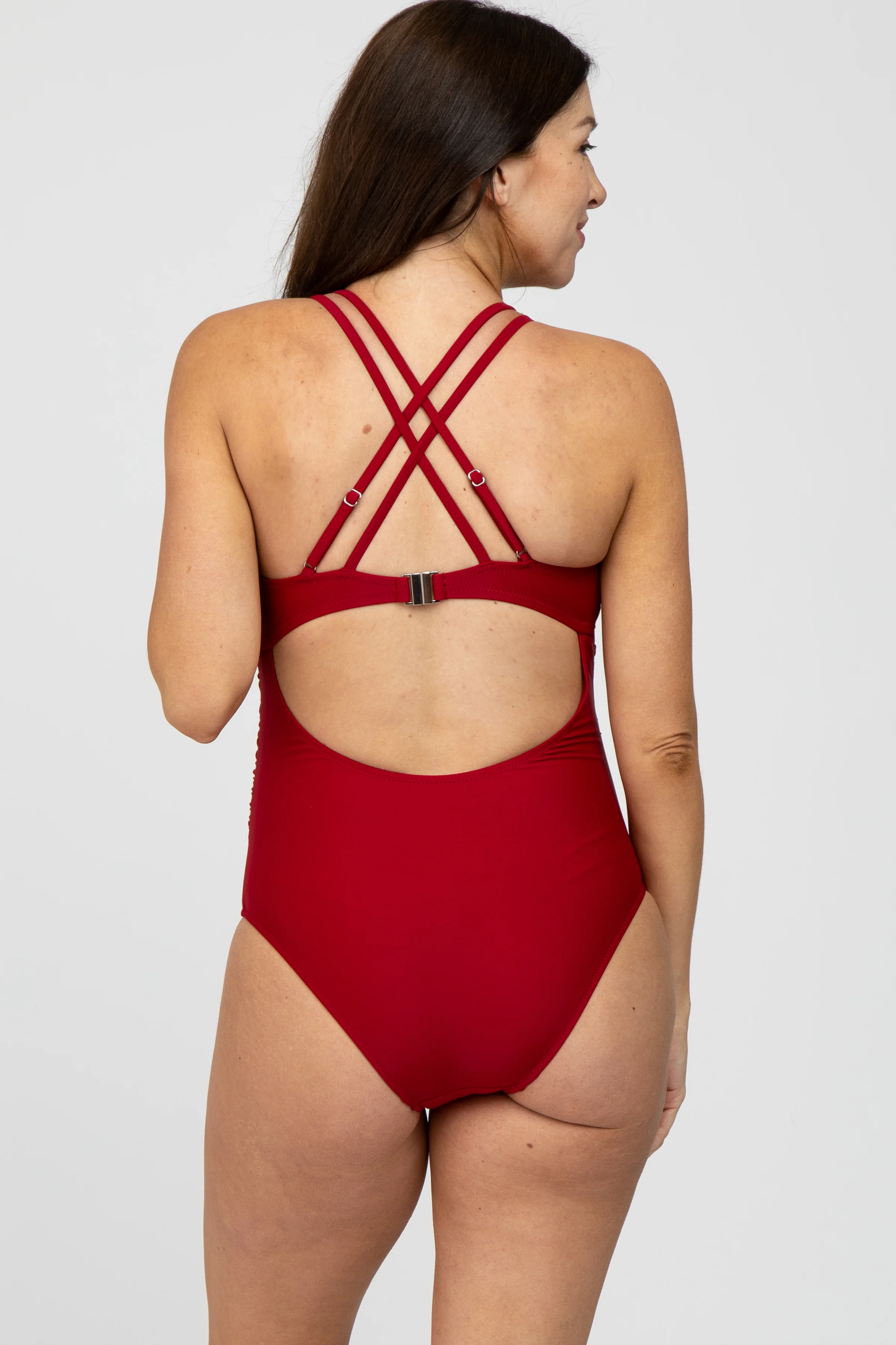 Red Ruched Side Strappy Cross Back Maternity One Piece Swimsuit - Image 4