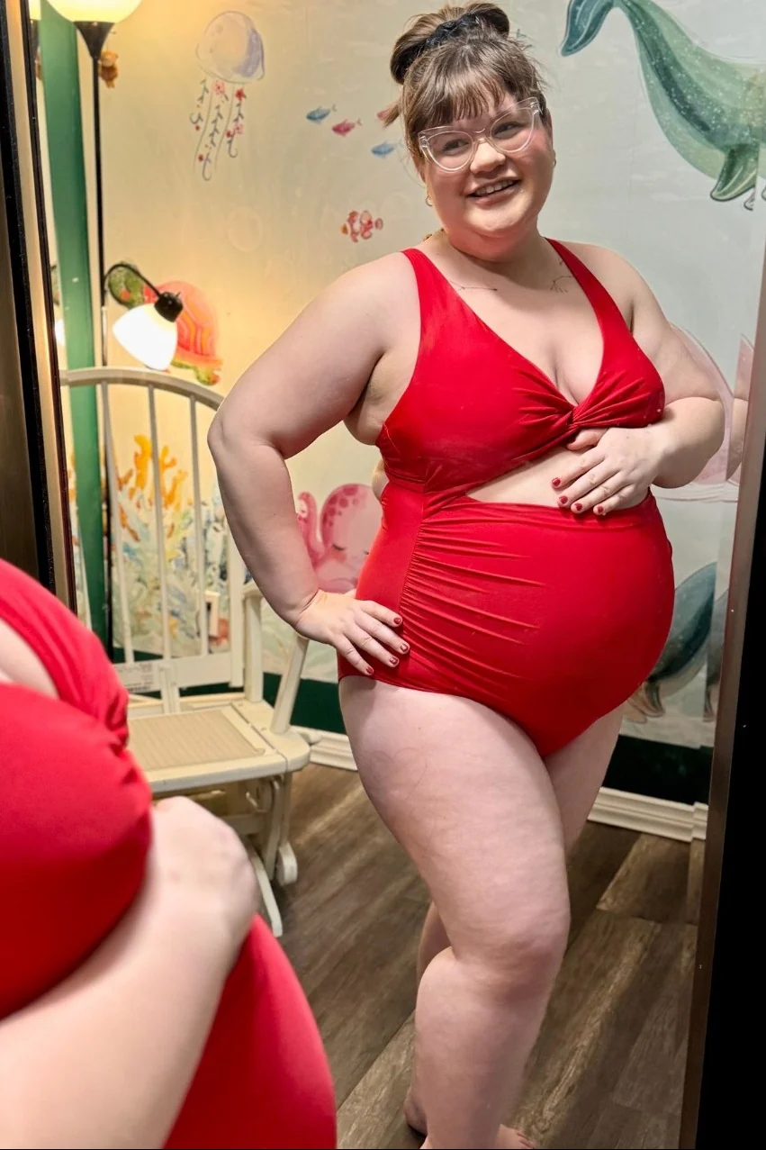 Red Ruched Sides Front Cutout Maternity One Piece Swimsuit - Image 6