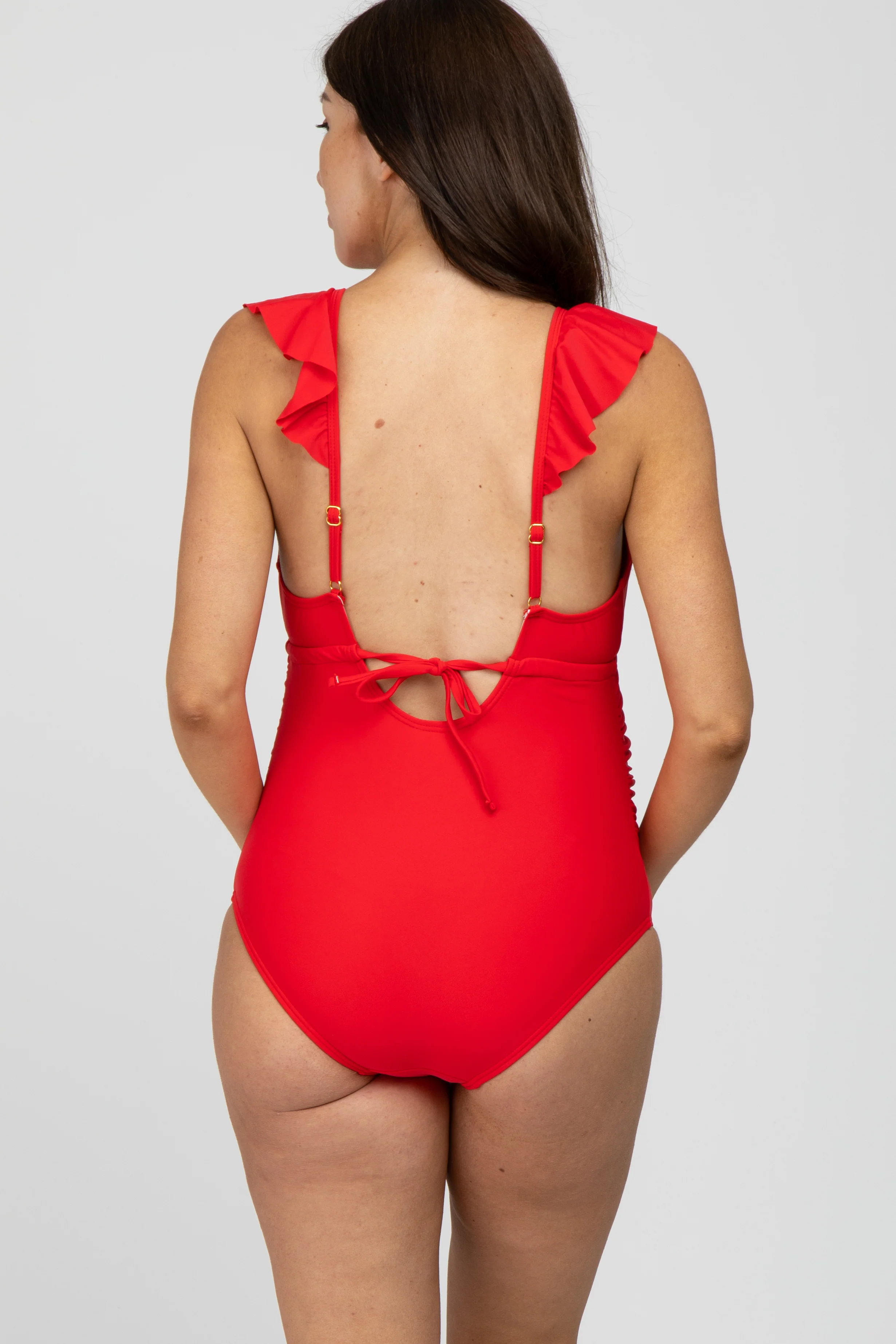 Red Ruffle Tie Maternity One-Piece Swimsuit - Image 4
