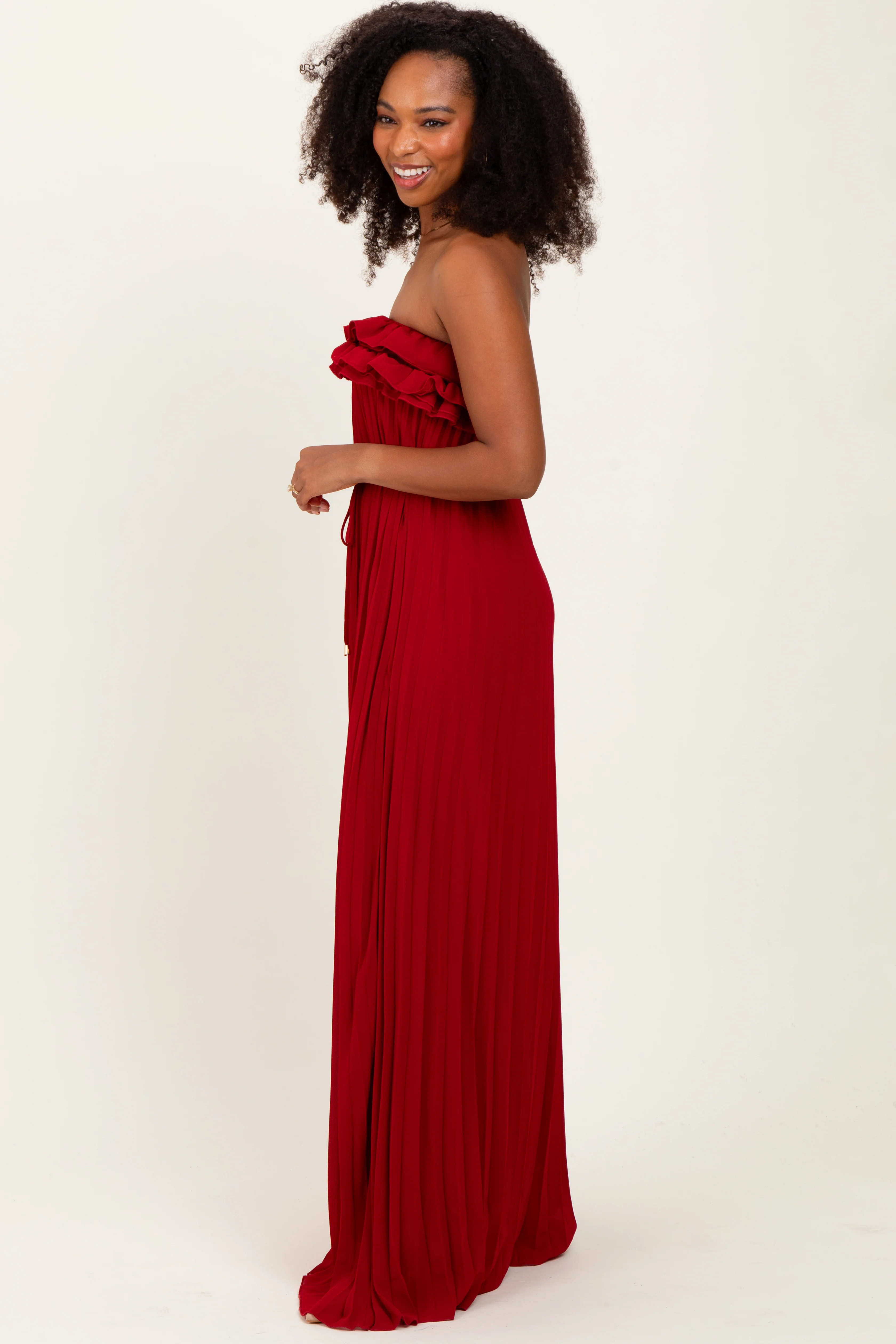 Red Ruffled Chest Pleated Maxi Dress With Self Tie - Image 3
