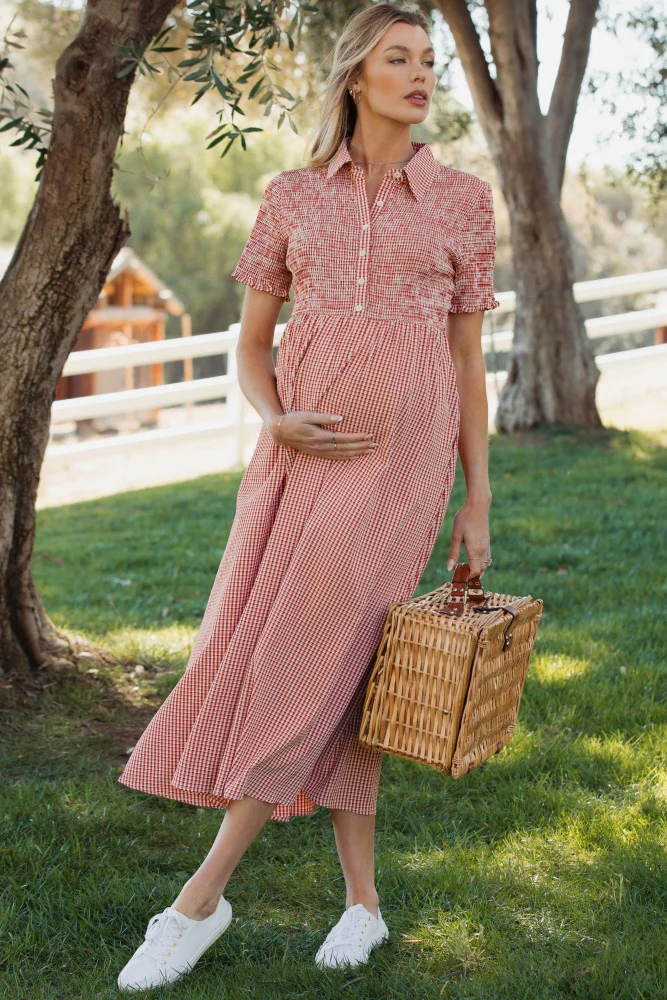 Red Smocked Gingham Collared Maternity Midi Dress - Image 2